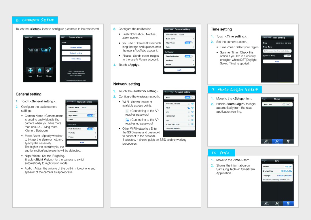 Samsung SNH-1010N, SmartCam mobile manual Camera Setup, Auto Login Setup, Info 