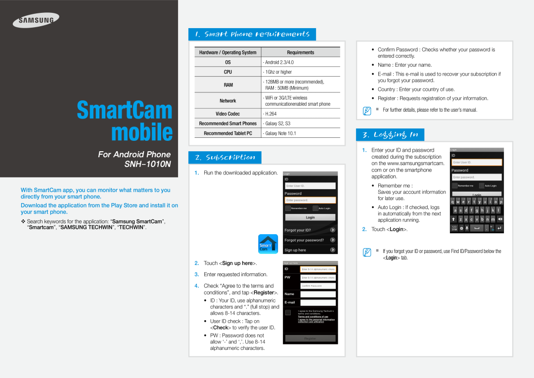 Samsung SNH-1010N user manual Smart phone requirements, Subscription, Logging In, SmartCam mobile 