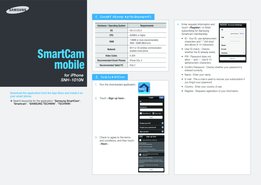 Samsung manual Smart phone requirements, Subscription, SmartCam mobile, for iPhone SNH-1010N 