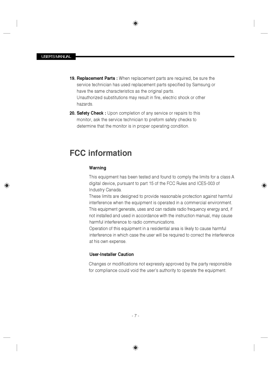 Samsung SMC-145 manual FCC information, User-Installer Caution 