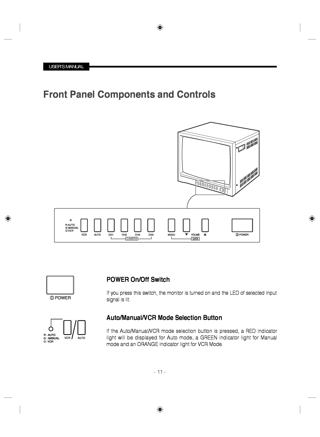 Samsung SMC-145 manual Front Panel Components and Controls, POWER On/Off Switch, Auto/Manual/VCR Mode Selection Button 