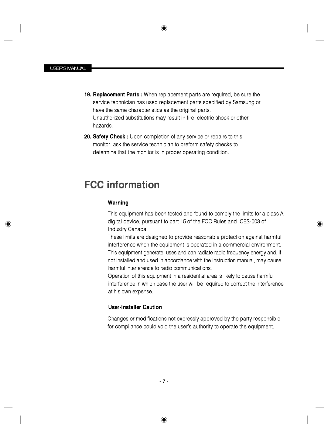 Samsung SMC-145 manual FCC information, User-Installer Caution 