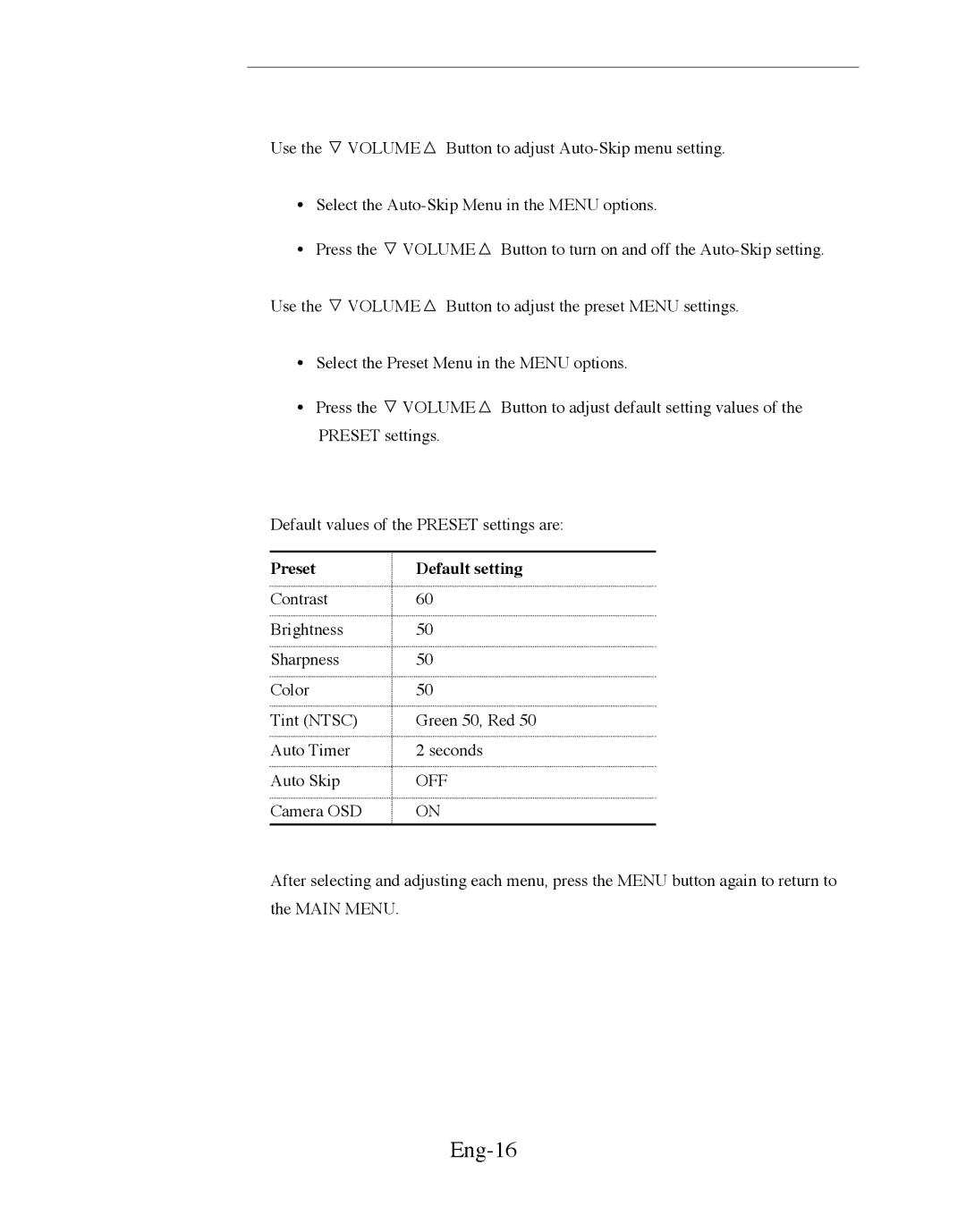 Samsung SMC-152FN, SMC-150FN, SMC-152FP, SMC-210FN, SMC-212FN, SMC-210FP, SMC-212FP, SMC-150FP Eng-16, Preset Default setting 