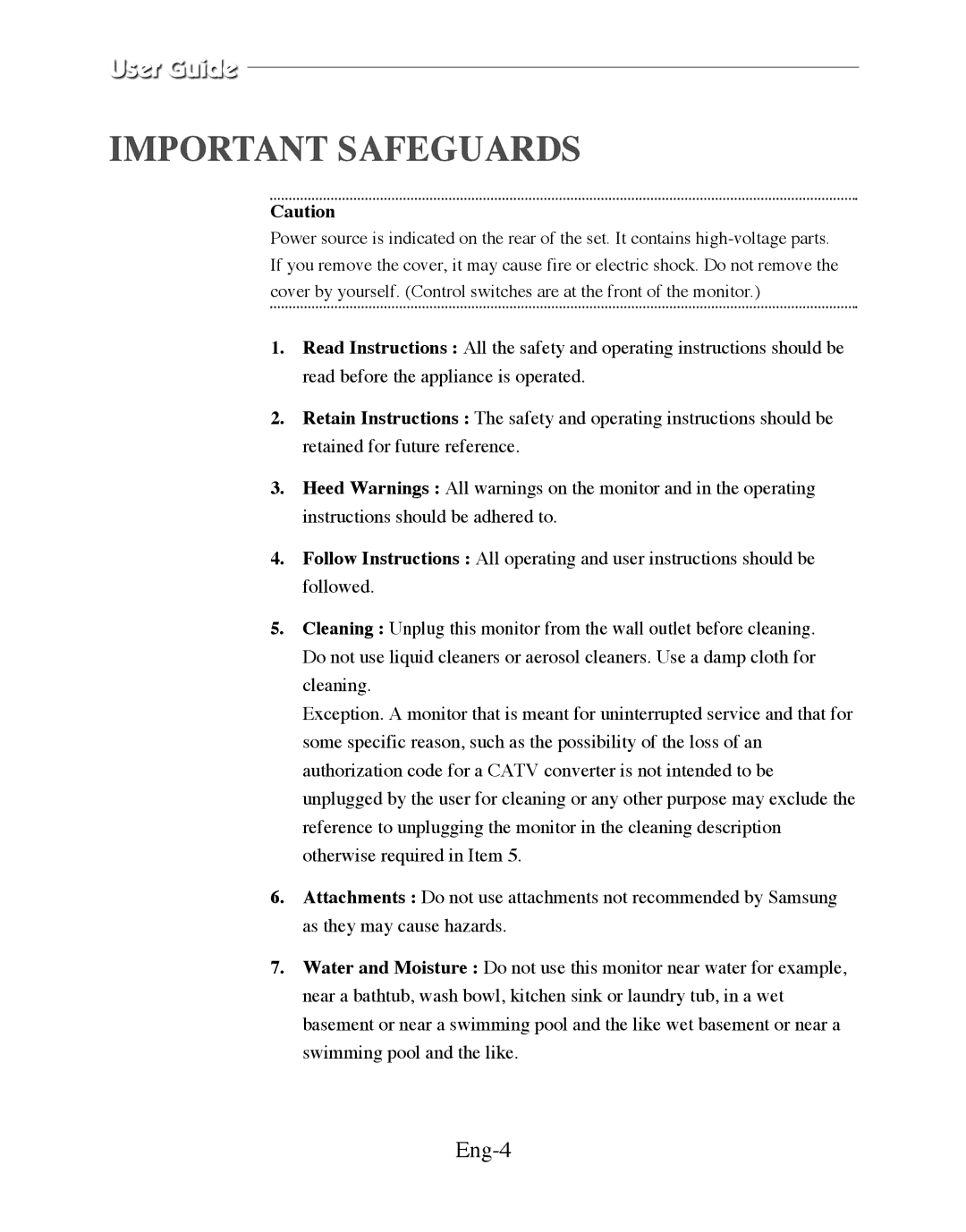 Samsung SMC-212FN, SMC-152FN, SMC-150FN, SMC-152FP, SMC-210FN, SMC-210FP, SMC-212FP, SMC-150FP manual Important Safeguards, Eng-4 