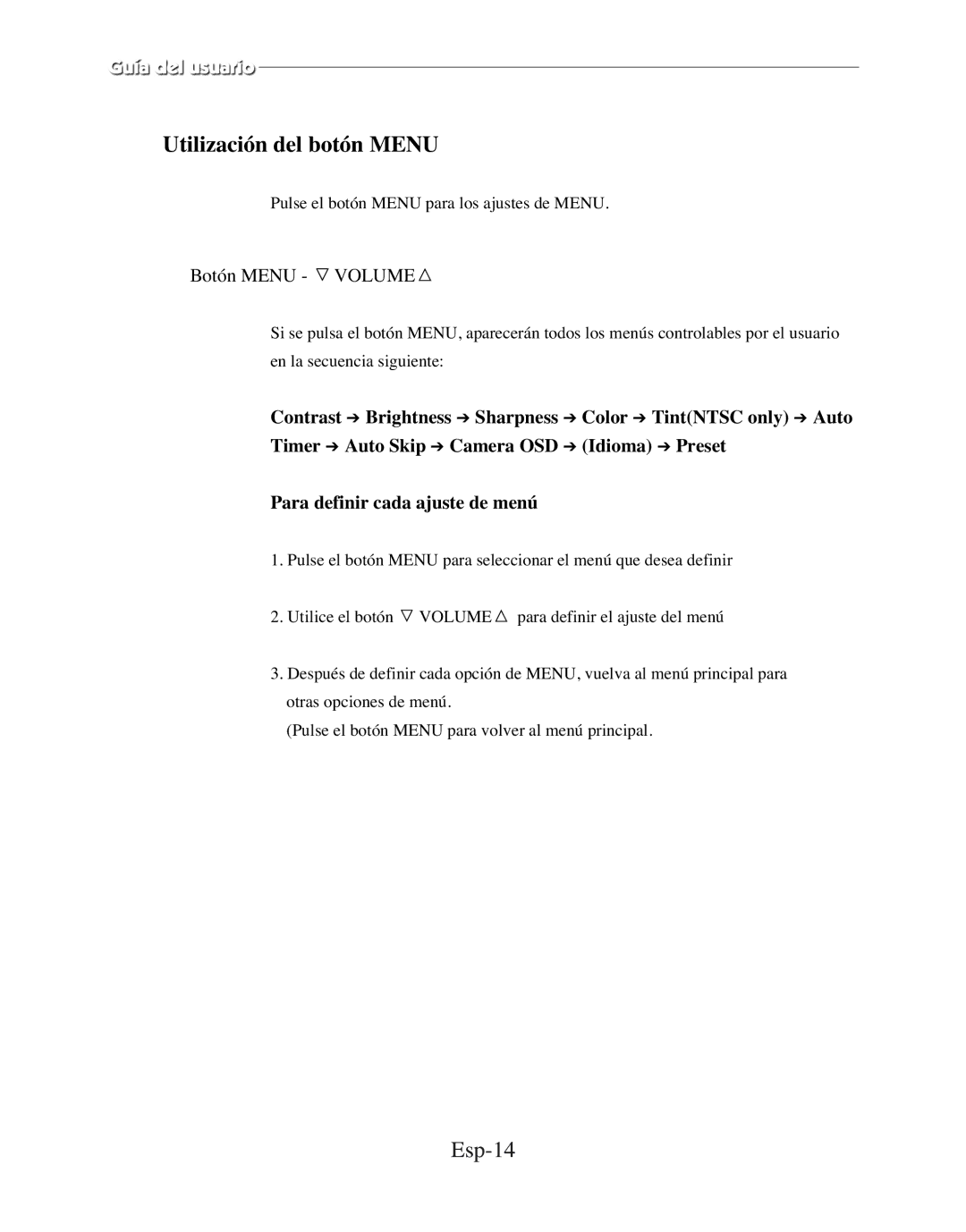 Samsung SMC-150FP, SMC-212FP, SMC-152FPV, SMC-210FPV manual Utilización del botón Menu, Esp-14 