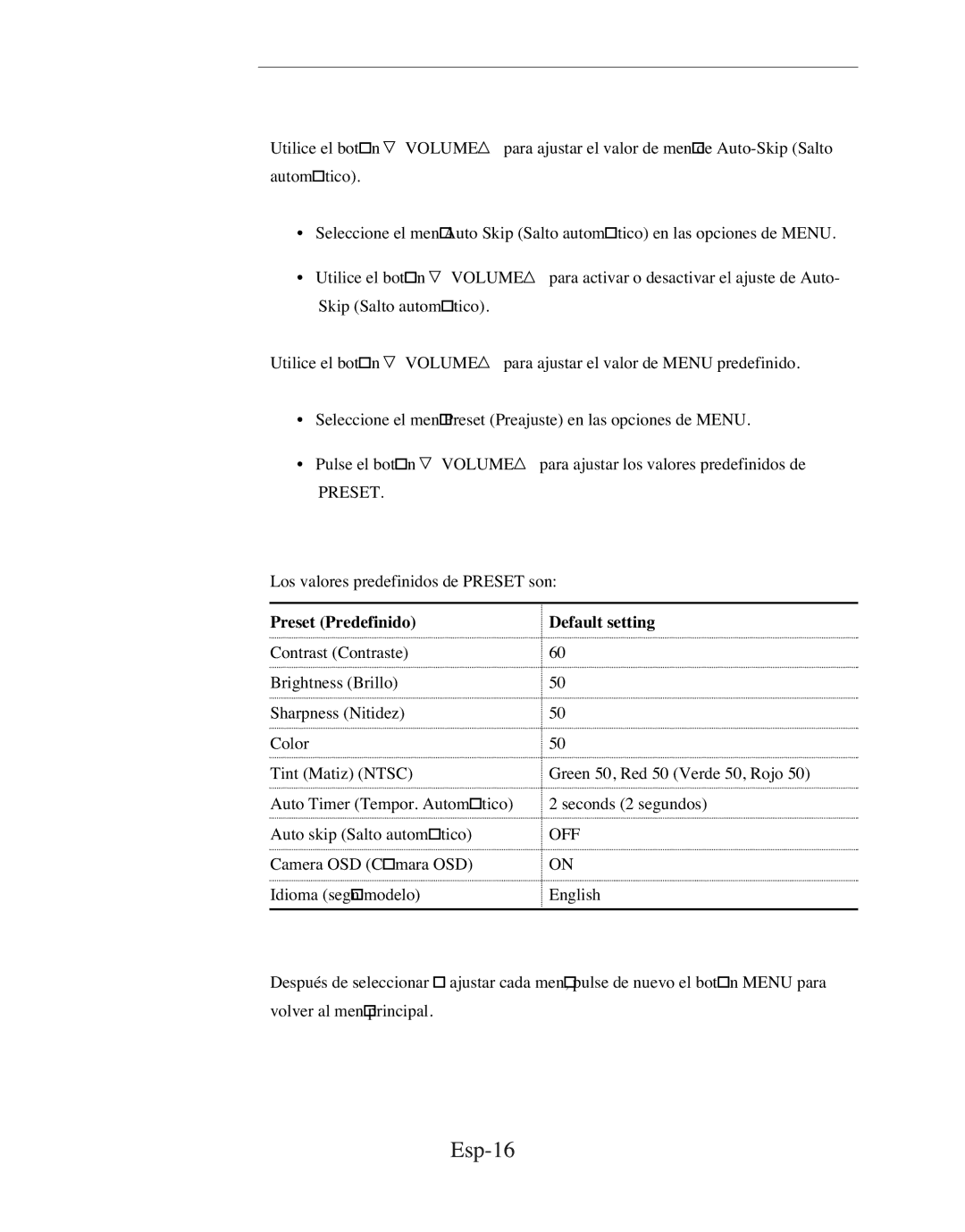 Samsung SMC-210FPV, SMC-212FP, SMC-150FP, SMC-152FPV manual Esp-16, Preset Predefinido Default setting 