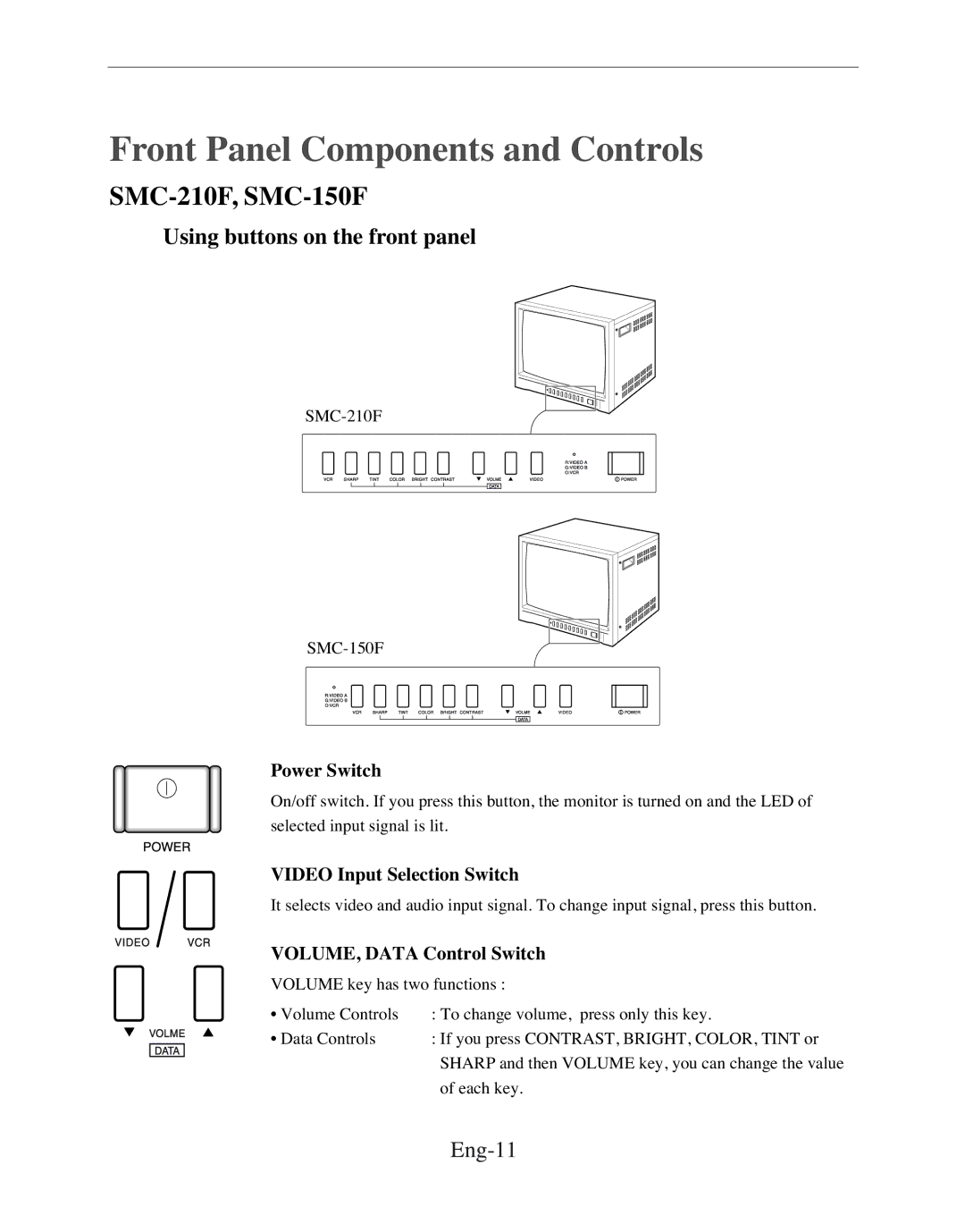 Samsung SMC-210FPV, SMC-152FP, SMC-212FP manual Front Panel Components and Controls, Using buttons on the front panel, Eng-11 