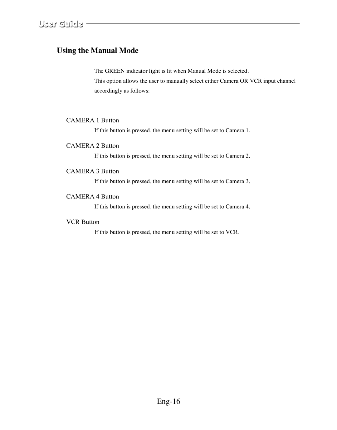 Samsung SMC-152FPV, SMC-212FP, SMC-150FP, SMC-210FPV manual Using the Manual Mode, Eng-16 