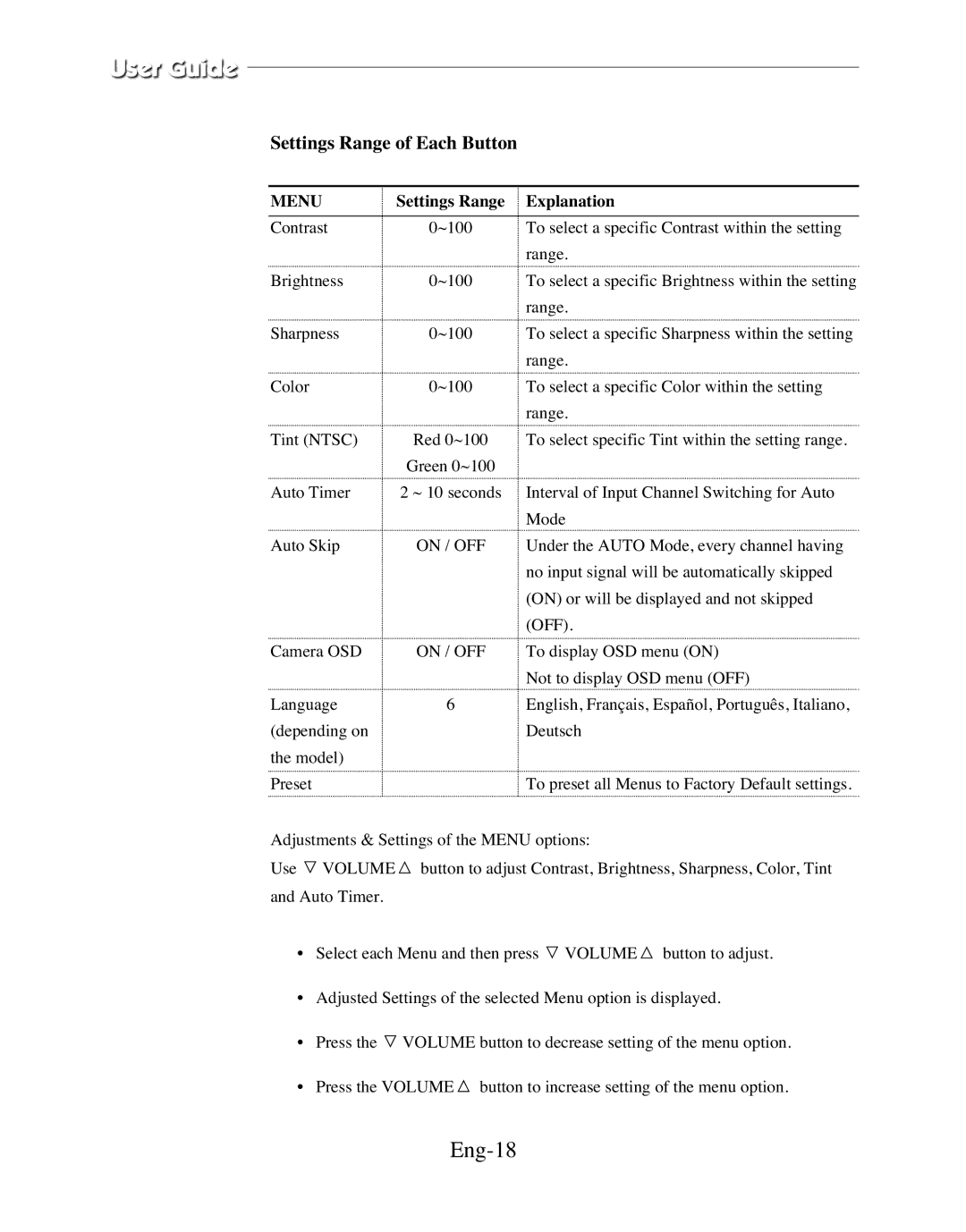 Samsung SMC-212FP, SMC-150FP, SMC-152FPV, SMC-210FPV manual Eng-18, Settings Range of Each Button, Explanation 