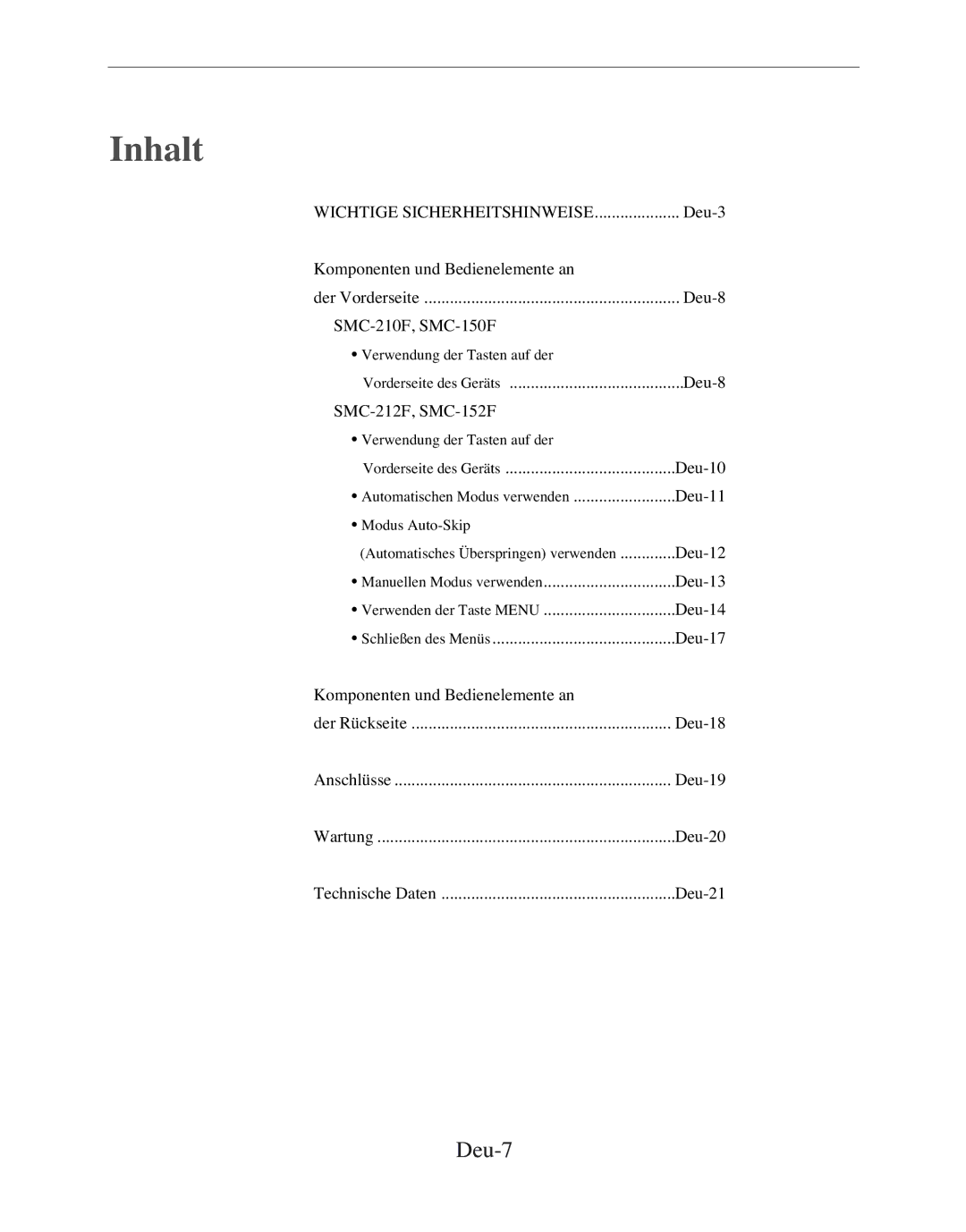 Samsung SMC-212FP, SMC-150FP, SMC-152FPV, SMC-210FPV manual Inhalt, Deu-7 