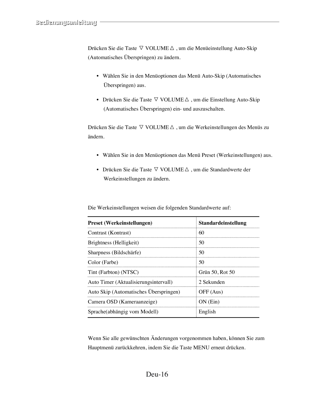 Samsung SMC-150FP, SMC-212FP, SMC-152FPV, SMC-210FPV manual Deu-16, Preset Werkeinstellungen Standardeinstellung 