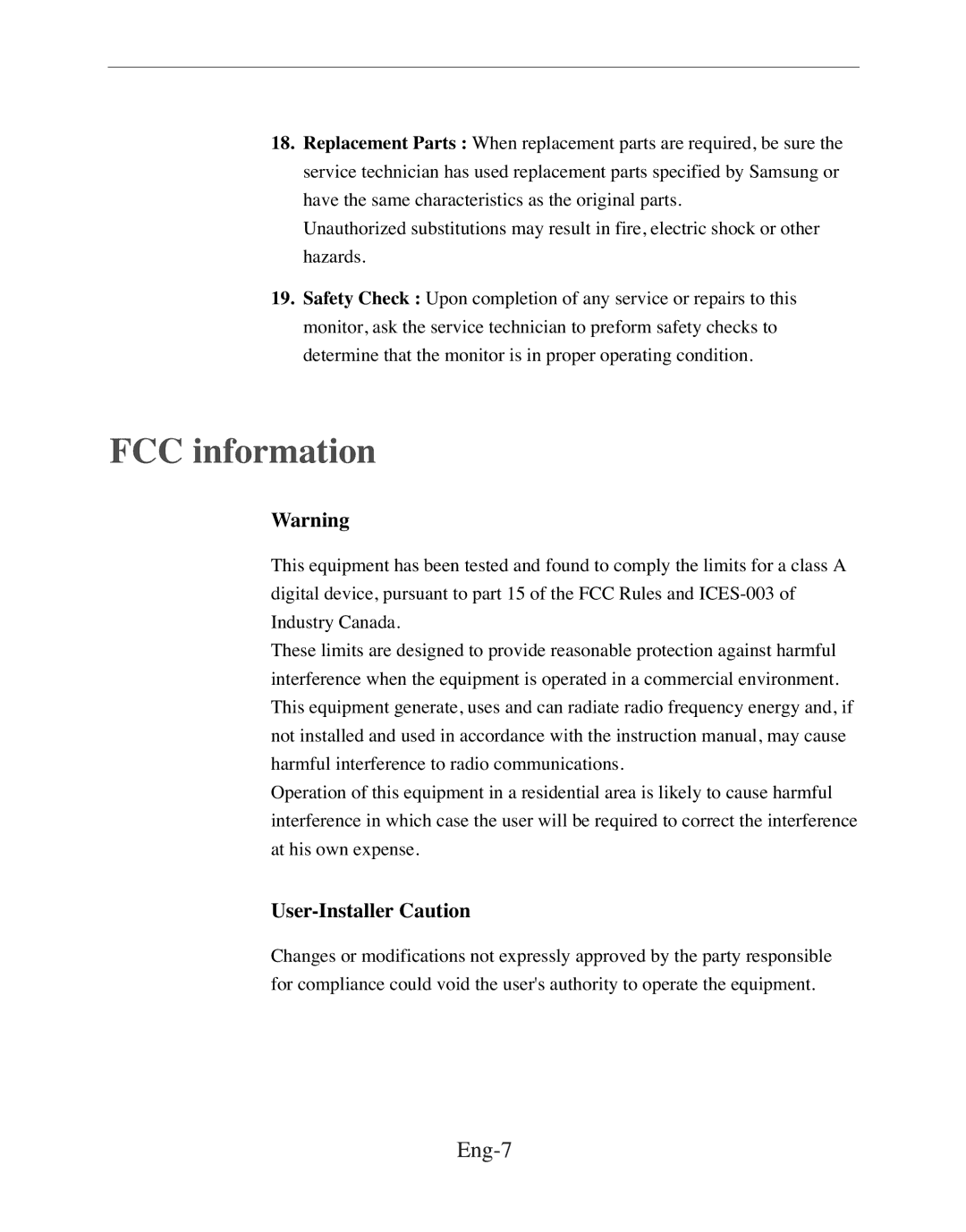 Samsung SMC-212FP, SMC-150FP, SMC-152FPV, SMC-210FPV manual FCC information, Eng-7, User-Installer Caution 