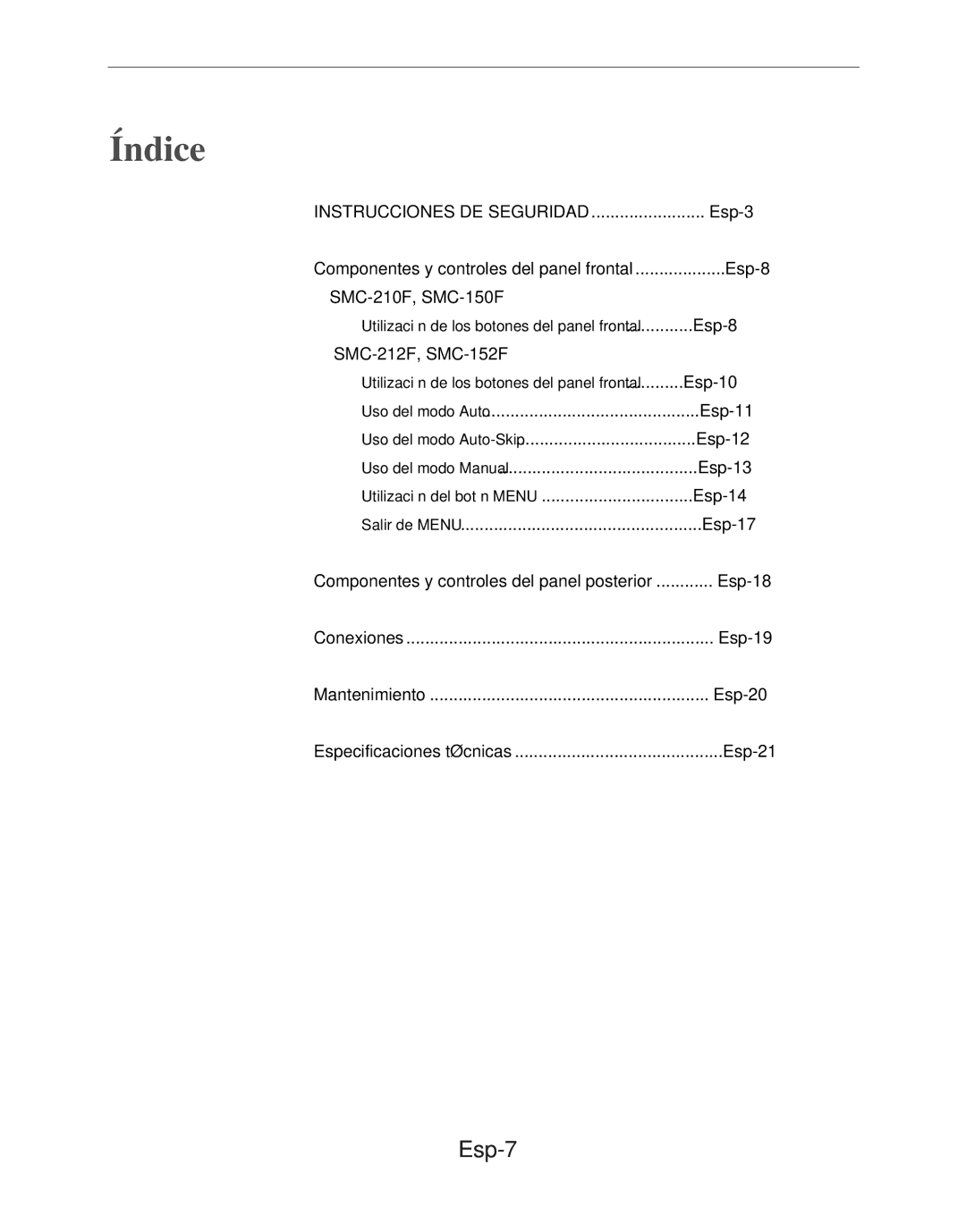 Samsung SMC-212FP, SMC-150FP, SMC-152FPV, SMC-210FPV manual Índice, Esp-7 