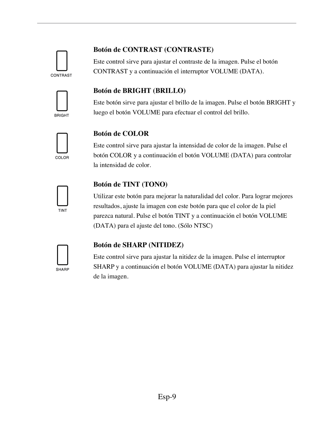 Samsung SMC-152FPV manual Esp-9, Botón de CONTRAST CONTRASTE, Botón de BRIGHT BRILLO, Botón de COLOR, Botón de TINT TONO 