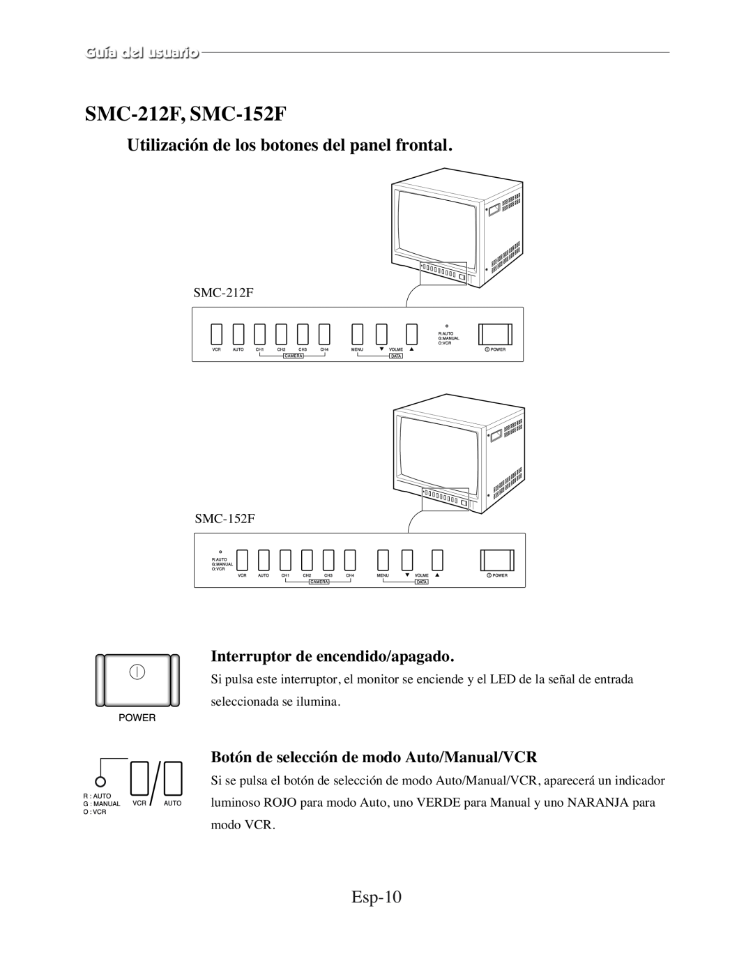 Samsung SMC-210FPV, SMC-152FP manual Esp-10, Interruptor de encendido/apagado, Botón de selección de modo Auto/Manual/VCR 