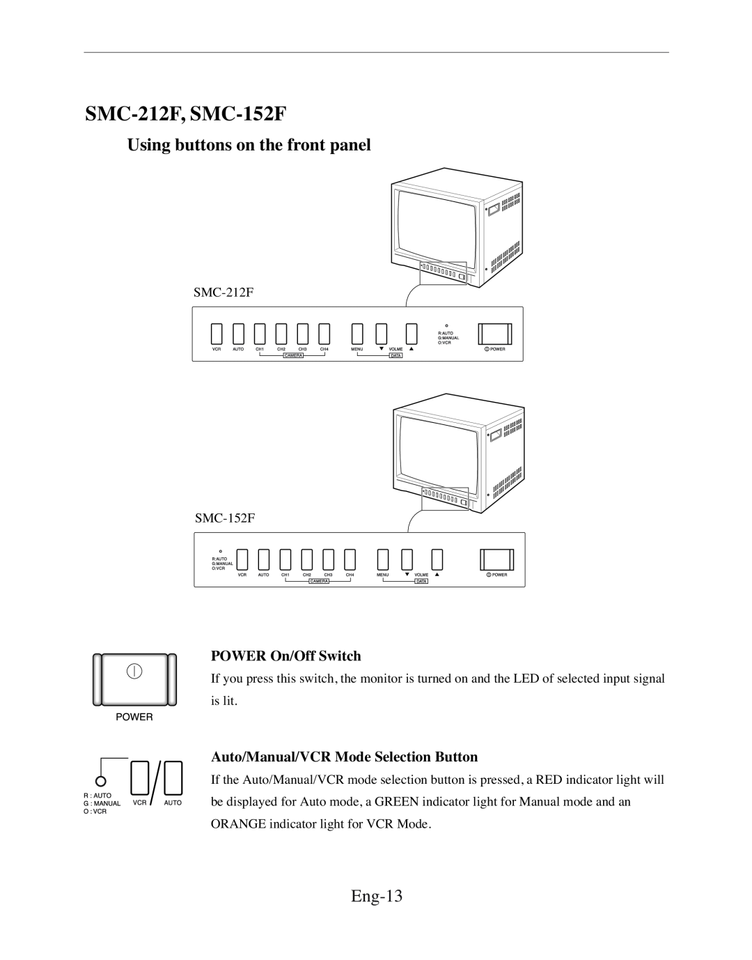 Samsung SMC-210FP, SMC-152FP manual SMC-212F, SMC-152F, Eng-13, POWER On/Off Switch, Auto/Manual/VCR Mode Selection Button 