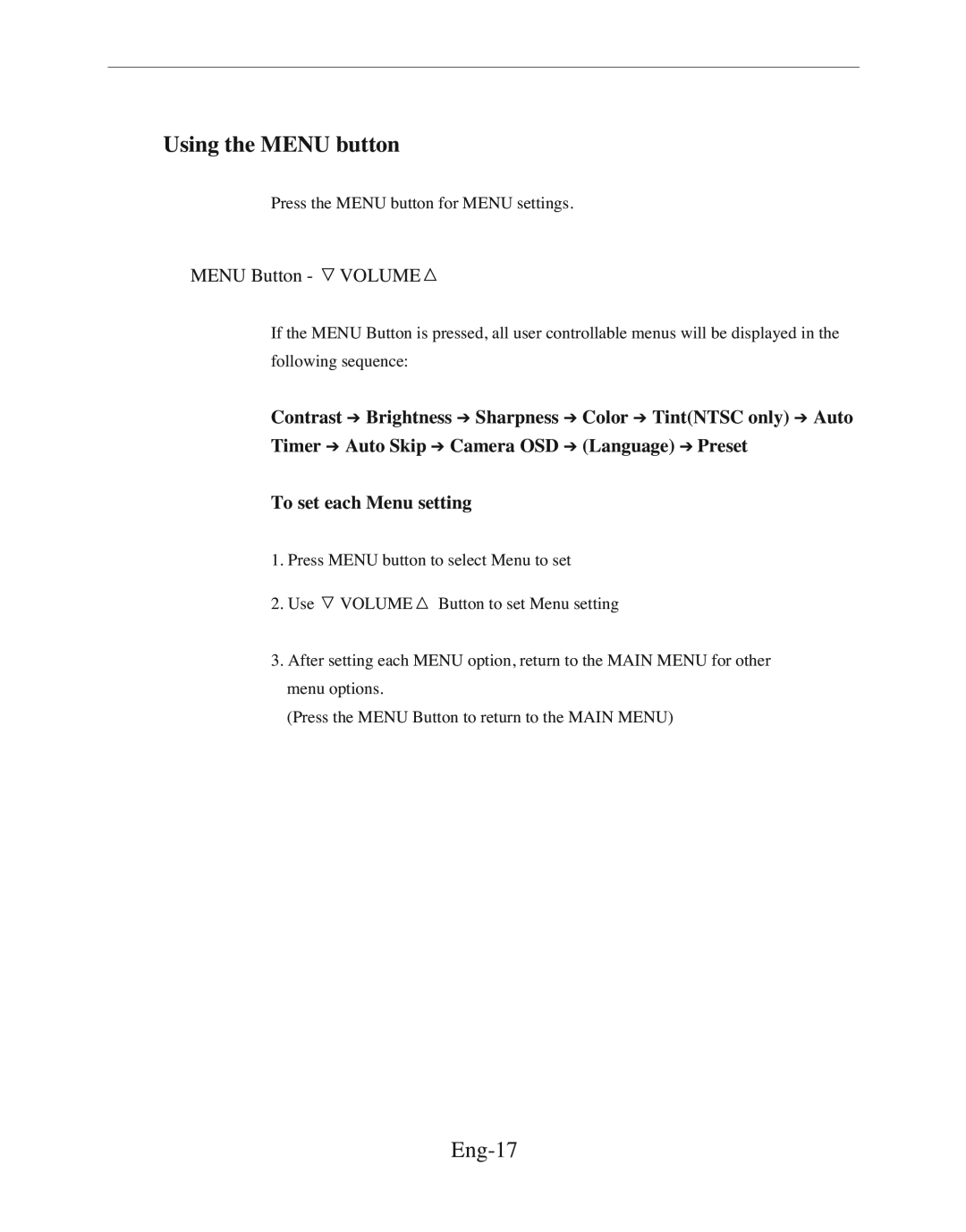 Samsung SMC-210FPV, SMC-212FP, SMC-150FP, SMC-152FPV manual Using the MENU button, Eng-17, To set each Menu setting 