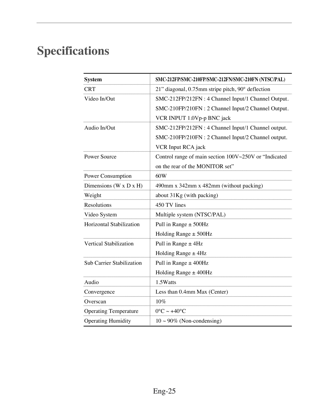 Samsung SMC-152FP, SMC-150FP manual Eng-25, Specifications, System, SMC-212FP/SMC-210FP/SMC-212FN/SMC-210FN NTSC/PAL 