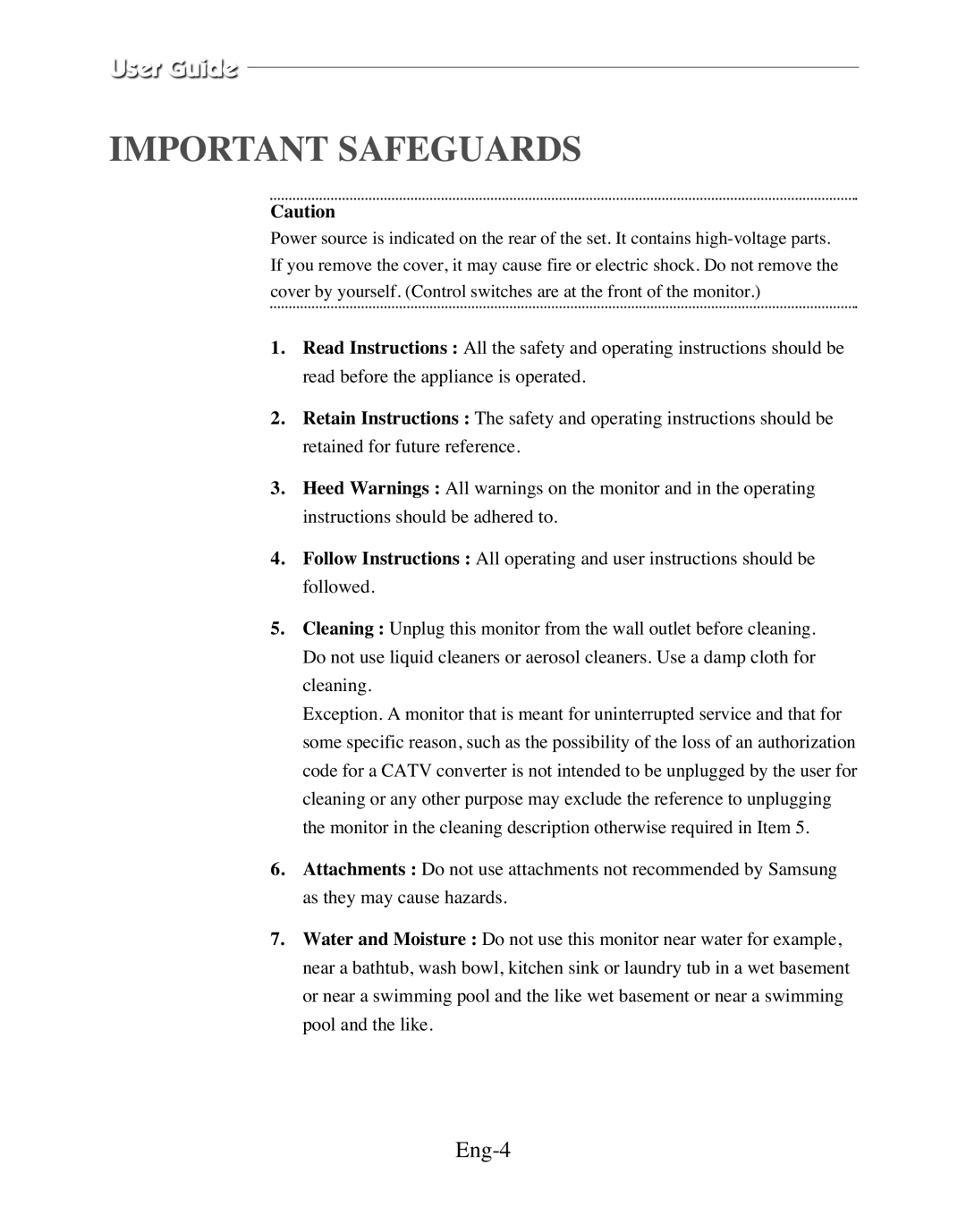 Samsung SMC-152FPV, SMC-212FP, SMC-150FP, SMC-210FPV manual Important Safeguards, Eng-4 