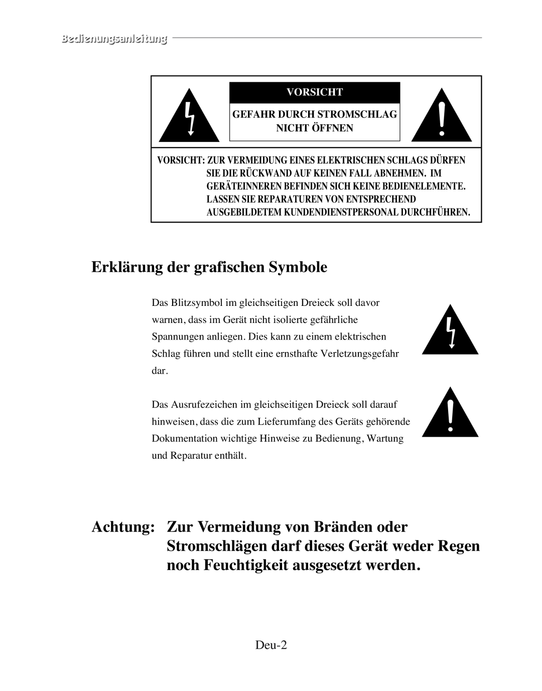 Samsung SMC-210FP, SMC-152FP manual Erklärung der grafischen Symbole, Deu-2, Vorsicht, Gefahr Durch Stromschlag Nicht Öffnen 