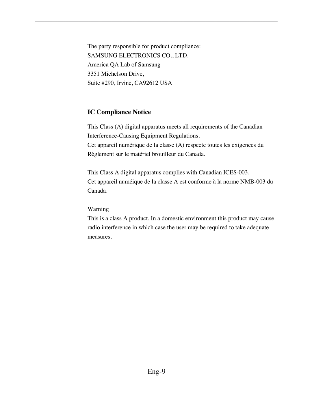 Samsung SMC-150FP, SMC-212FP, SMC-152FPV, SMC-210FPV manual Eng-9, IC Compliance Notice 
