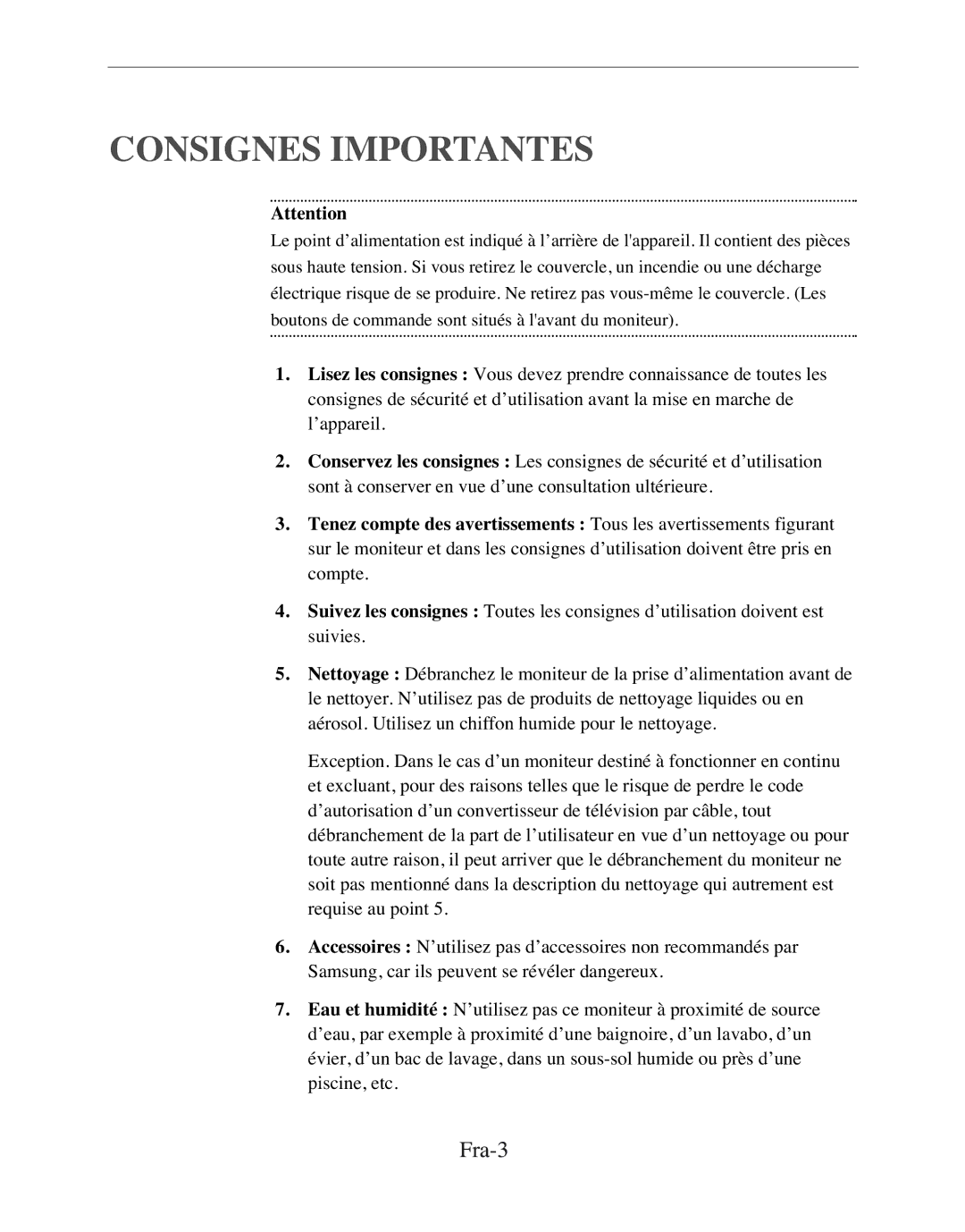 Samsung SMC-152FP manual Consignes Importantes, Fra-3 