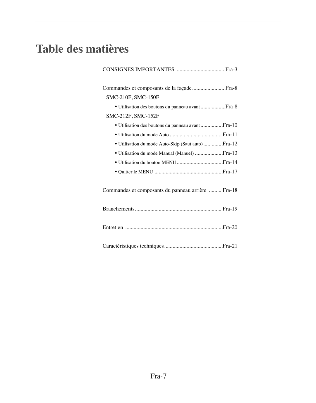 Samsung SMC-152FP manual Table des matières, Fra-7 