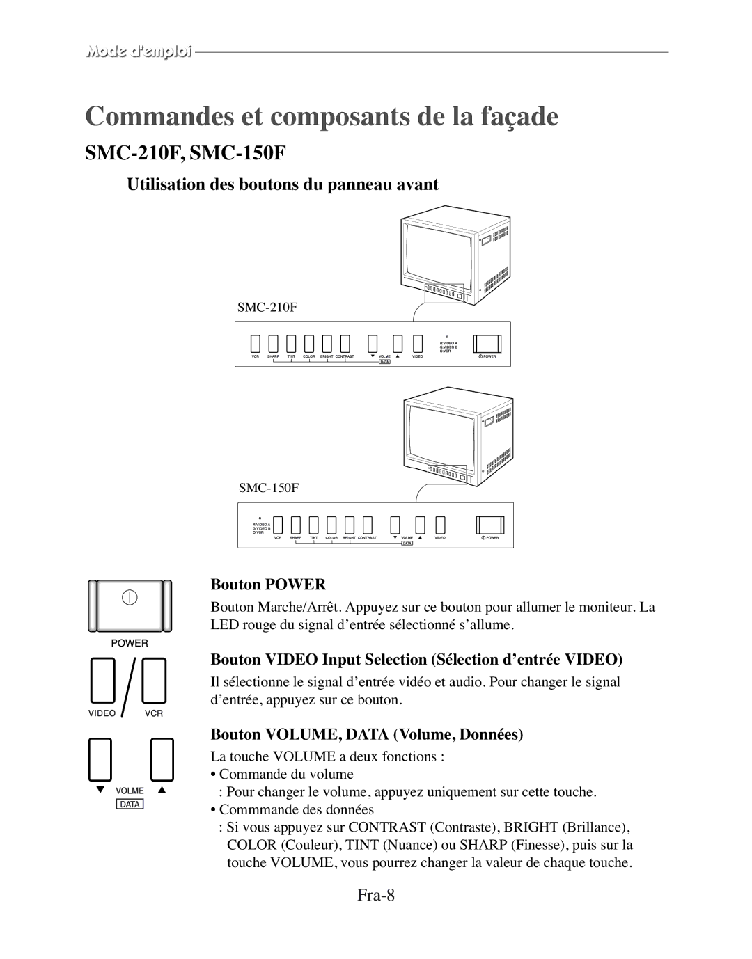 Samsung SMC-152FP manual Commandes et composants de la façade, Utilisation des boutons du panneau avant, Fra-8 