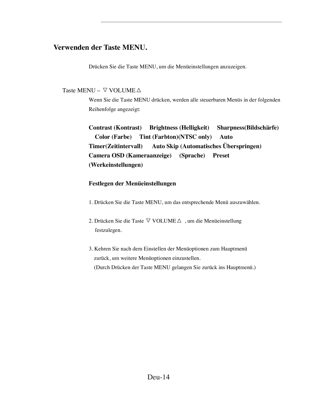 Samsung SMC-152FP manual Verwenden der Taste Menu, Deu-14 