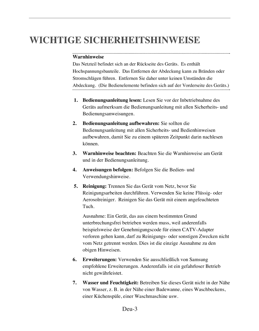 Samsung SMC-152FP manual Wichtige Sicherheitshinweise, Deu-3 