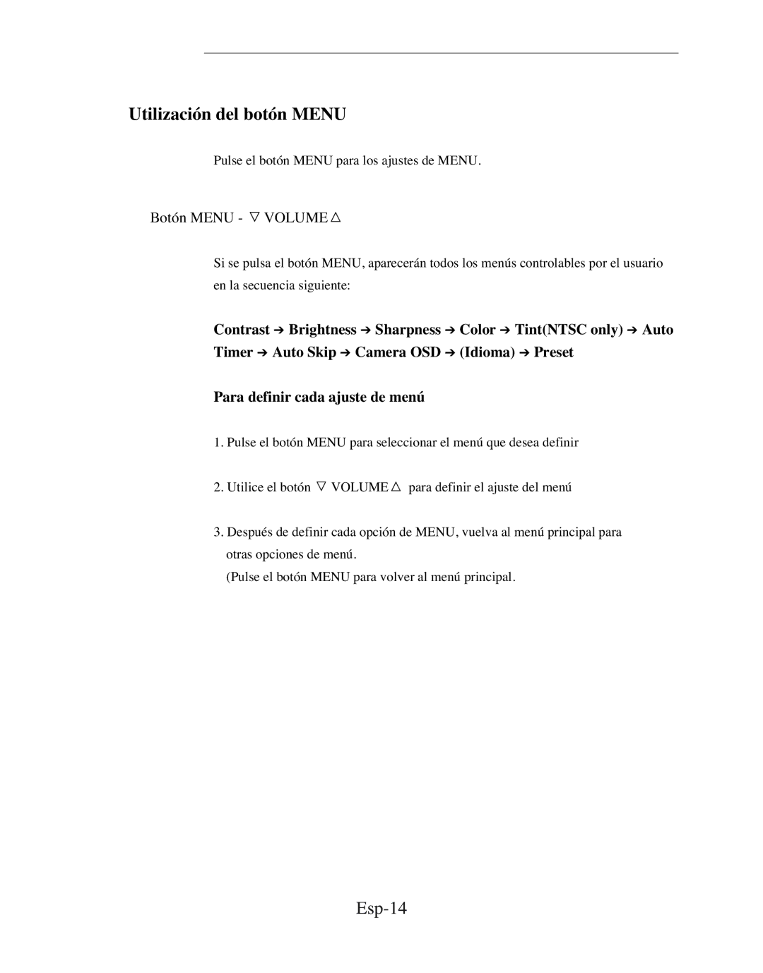 Samsung SMC-152FP manual Utilización del botón Menu, Esp-14 