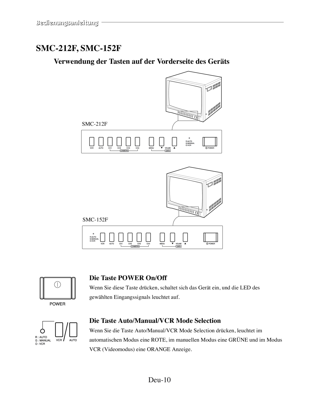 Samsung SMC-152FP manual SMC-212F, SMC-152F, Deu-10, Die Taste POWER On/Off, Die Taste Auto/Manual/VCR Mode Selection 