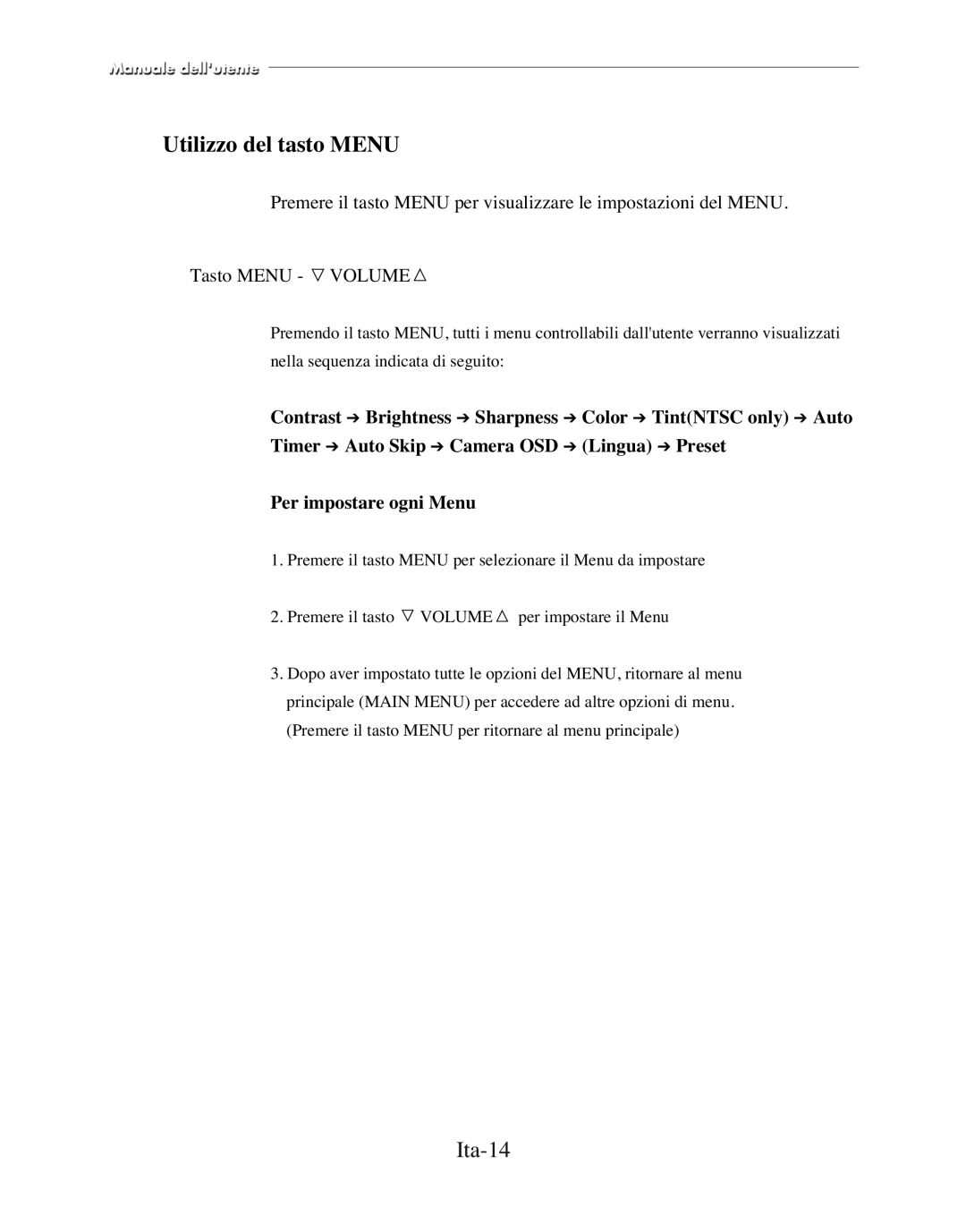 Samsung SMC-152FP manual Utilizzo del tasto MENU, Ita-14, Per impostare ogni Menu 