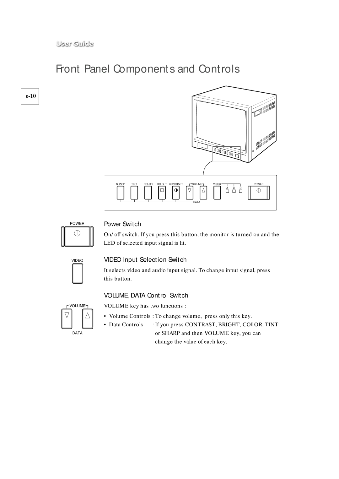 Samsung SMC-210AP manual Front Panel Components and Controls, Power Switch, Video Input Selection Switch 