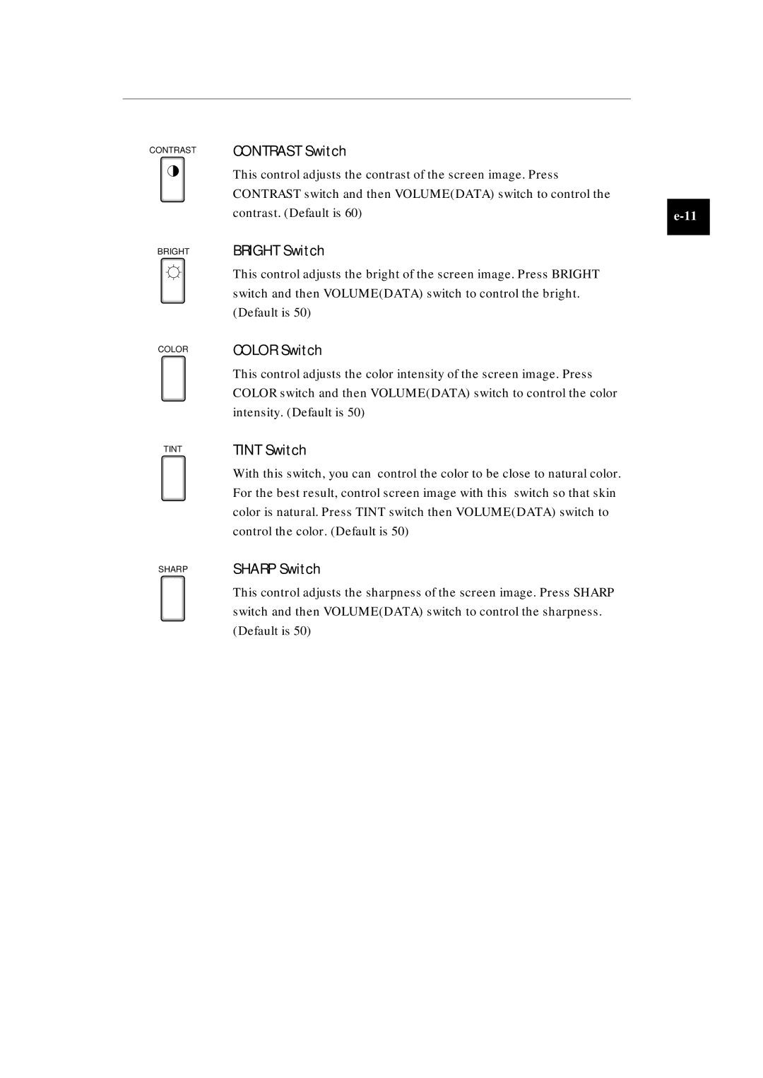 Samsung SMC-210AP manual Contrast Switch, Bright Switch, Color Switch, Tint Switch, Sharp Switch 