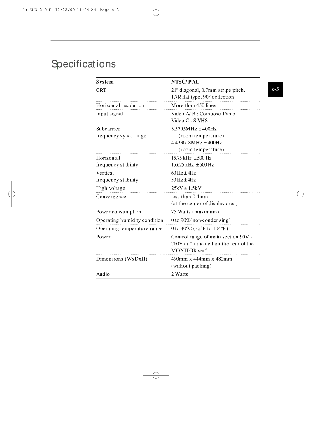 Samsung SMC-210P, SMC-210N manual Specifications, Ntsc/Pal 