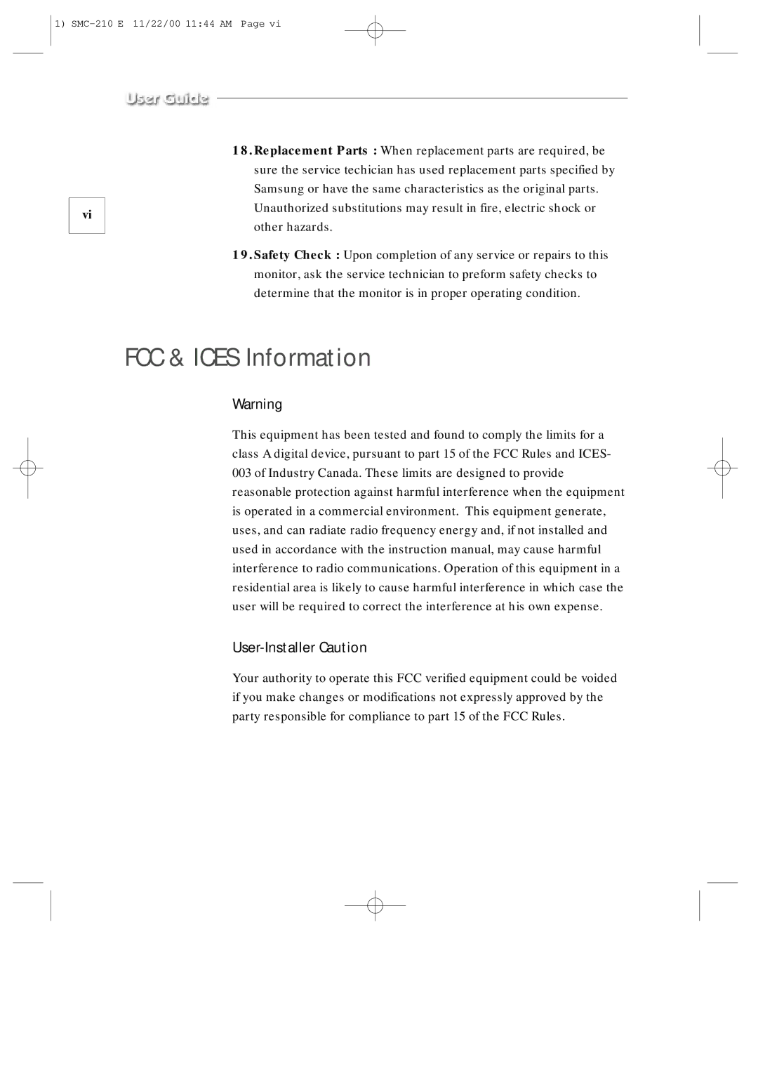 Samsung SMC-210P, SMC-210N manual FCC & Ices Information, User-Installer Caution 