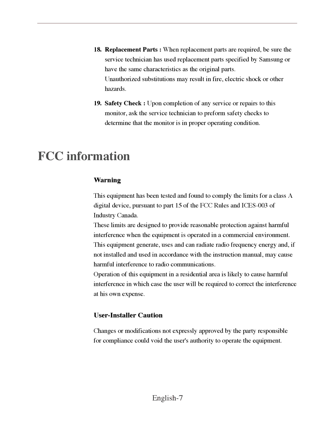 Samsung SMC-211FP, SMC-211FN manual FCC information, English-7, User-Installer Caution 