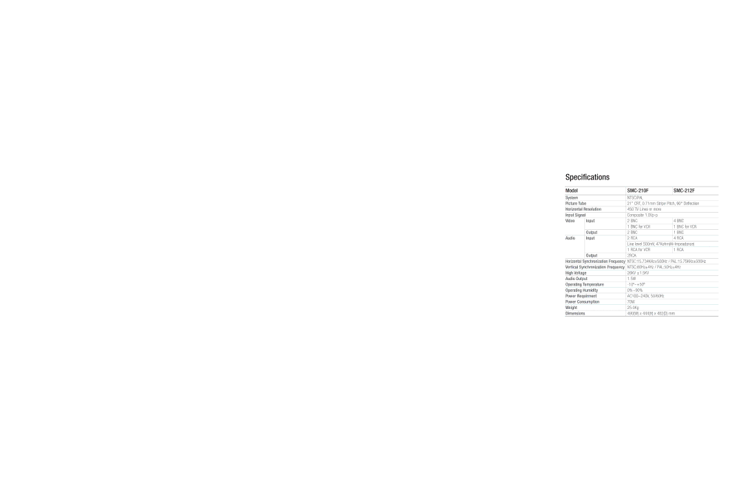 Samsung dimensions Specifications, Model SMC-210F SMC-212F 