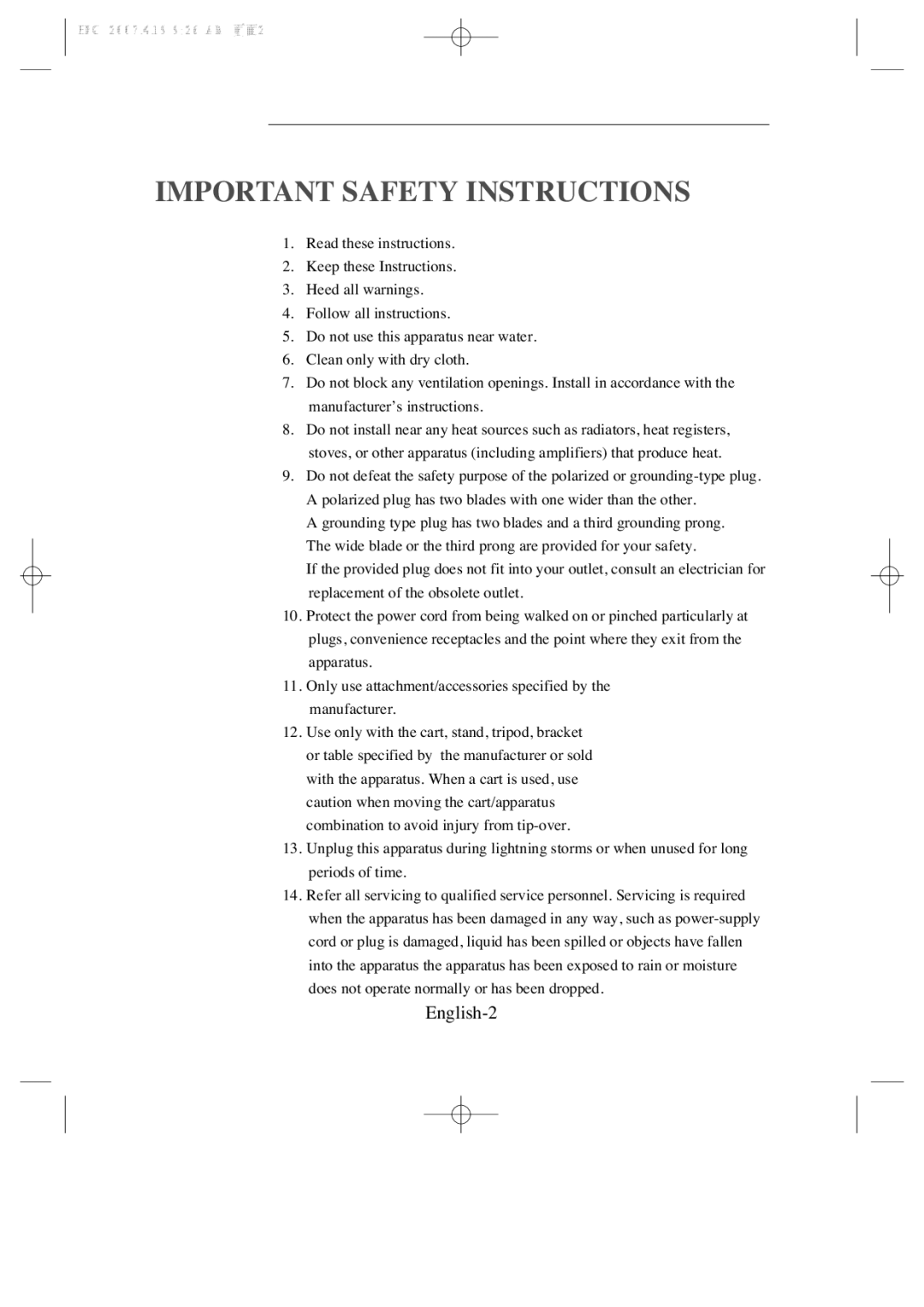 Samsung SMC-214 U, SMC-213 manual Important Safety Instructions, English-2 