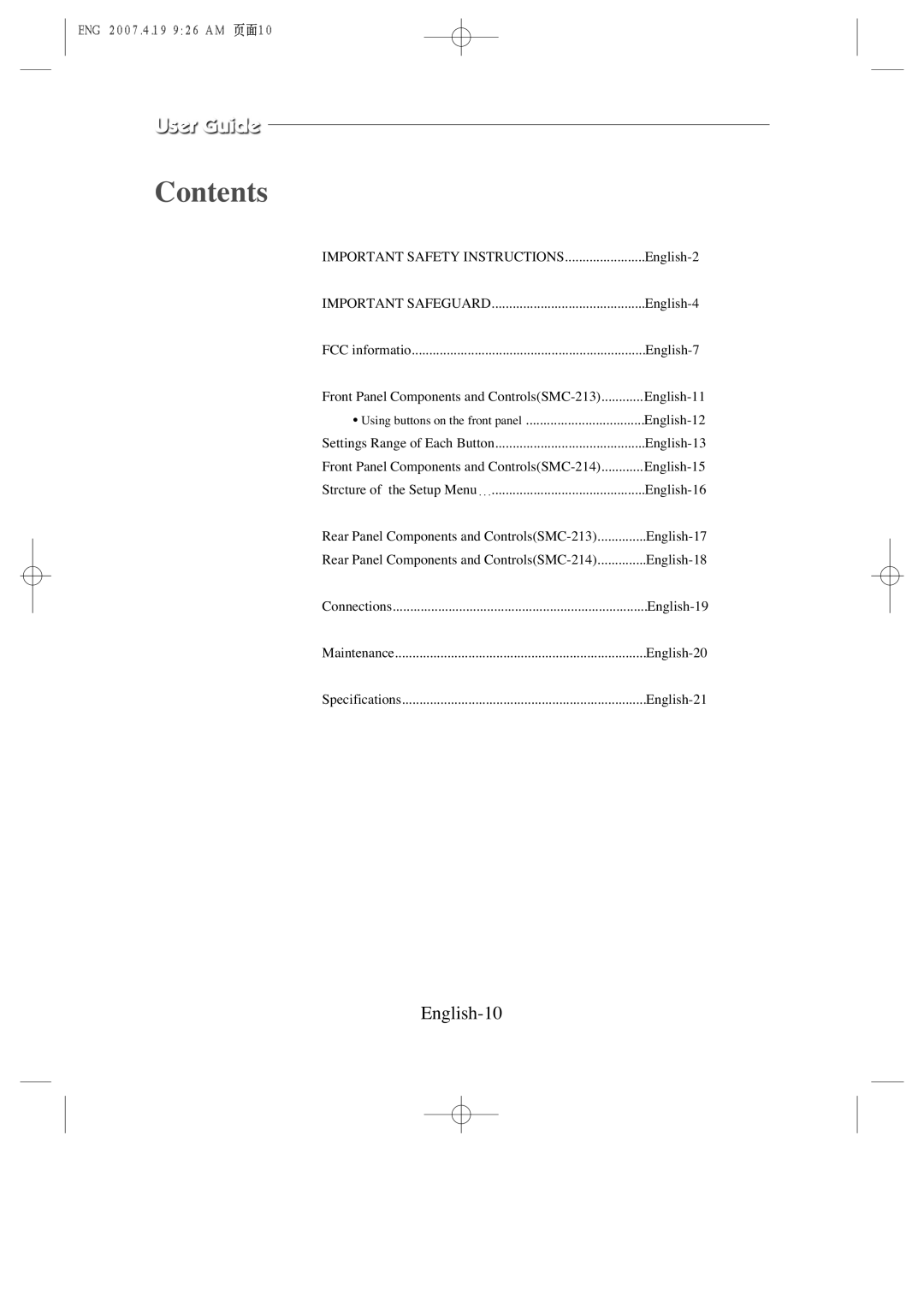 Samsung SMC-213, SMC-214 U manual Contents, English-10 