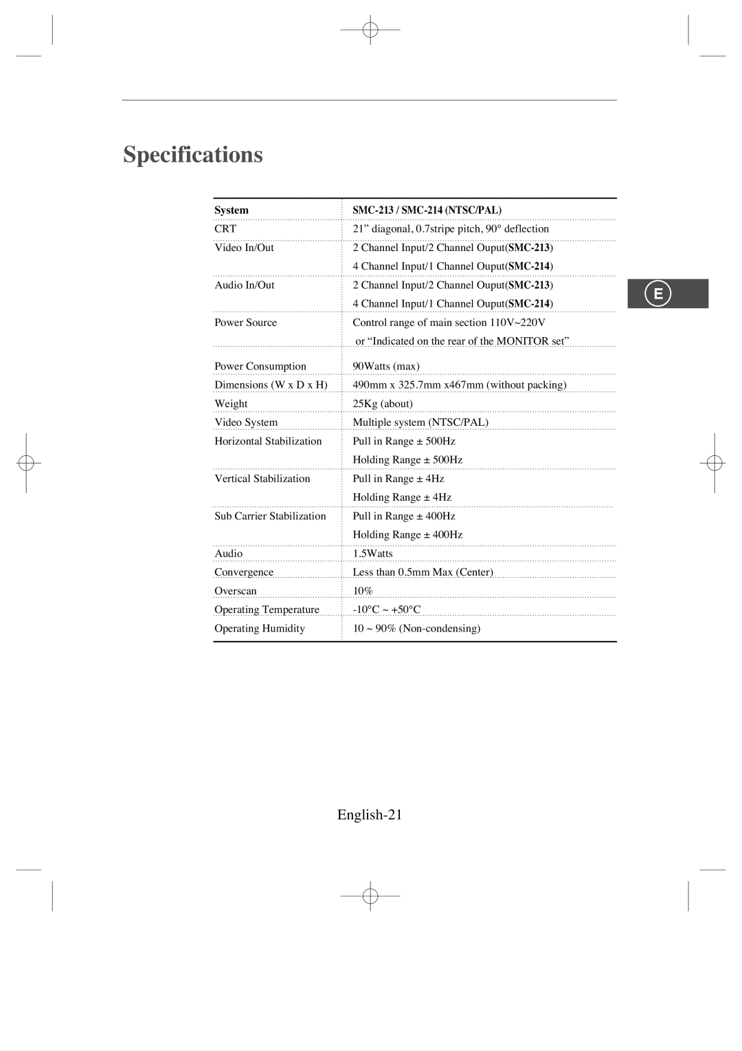 Samsung SMC-214 U manual Specifications, English-21, System, SMC-213 / SMC-214 NTSC/PAL 
