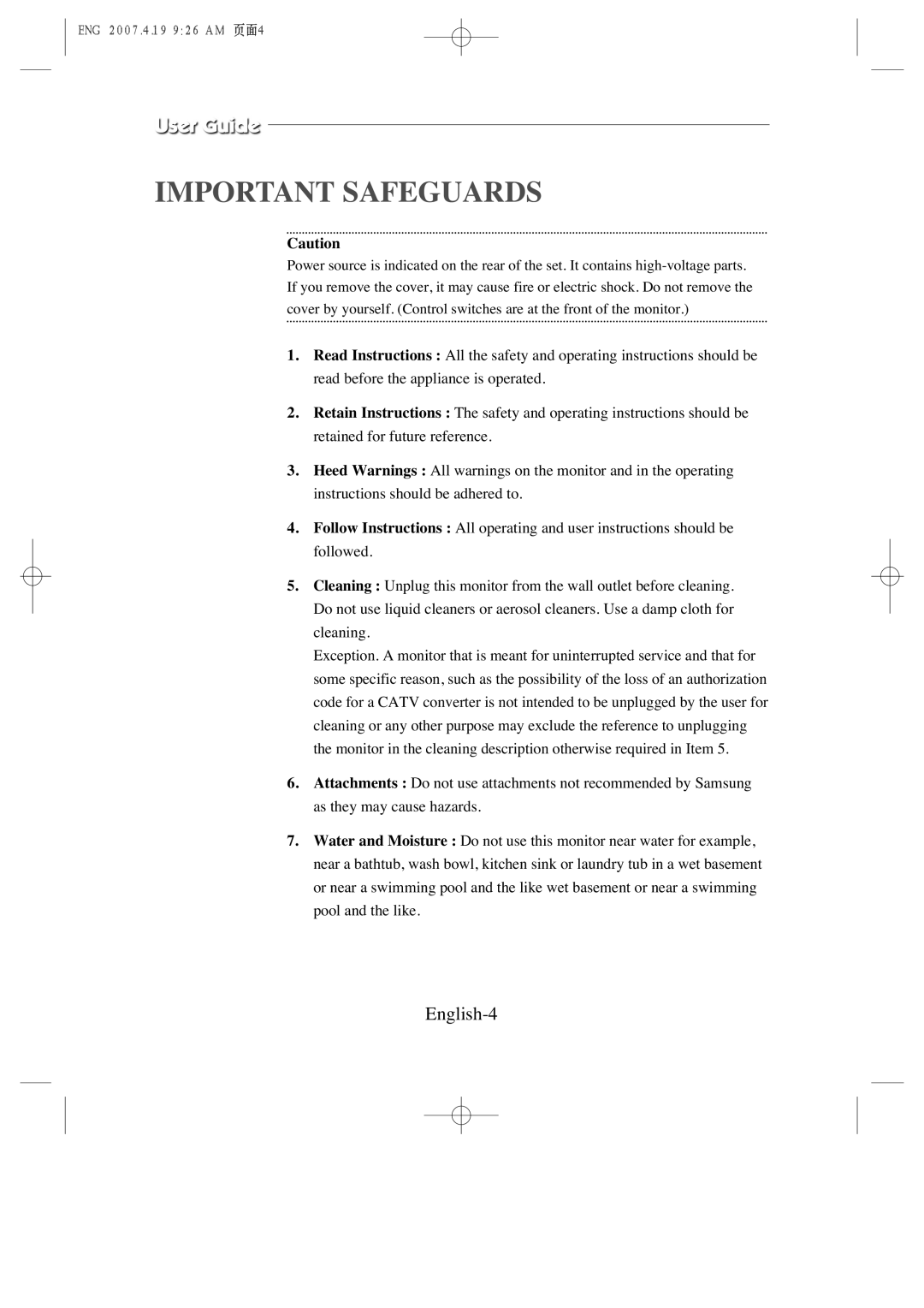 Samsung SMC-213, SMC-214 U manual Important Safeguards, English-4 