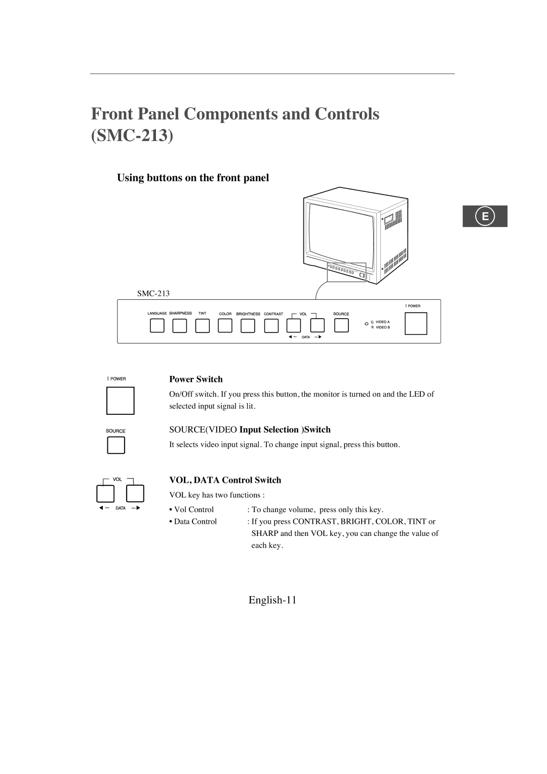 Samsung SMC-214PV, SMC-213P manual Front Panel Components and Controls SMC-213, English-11 