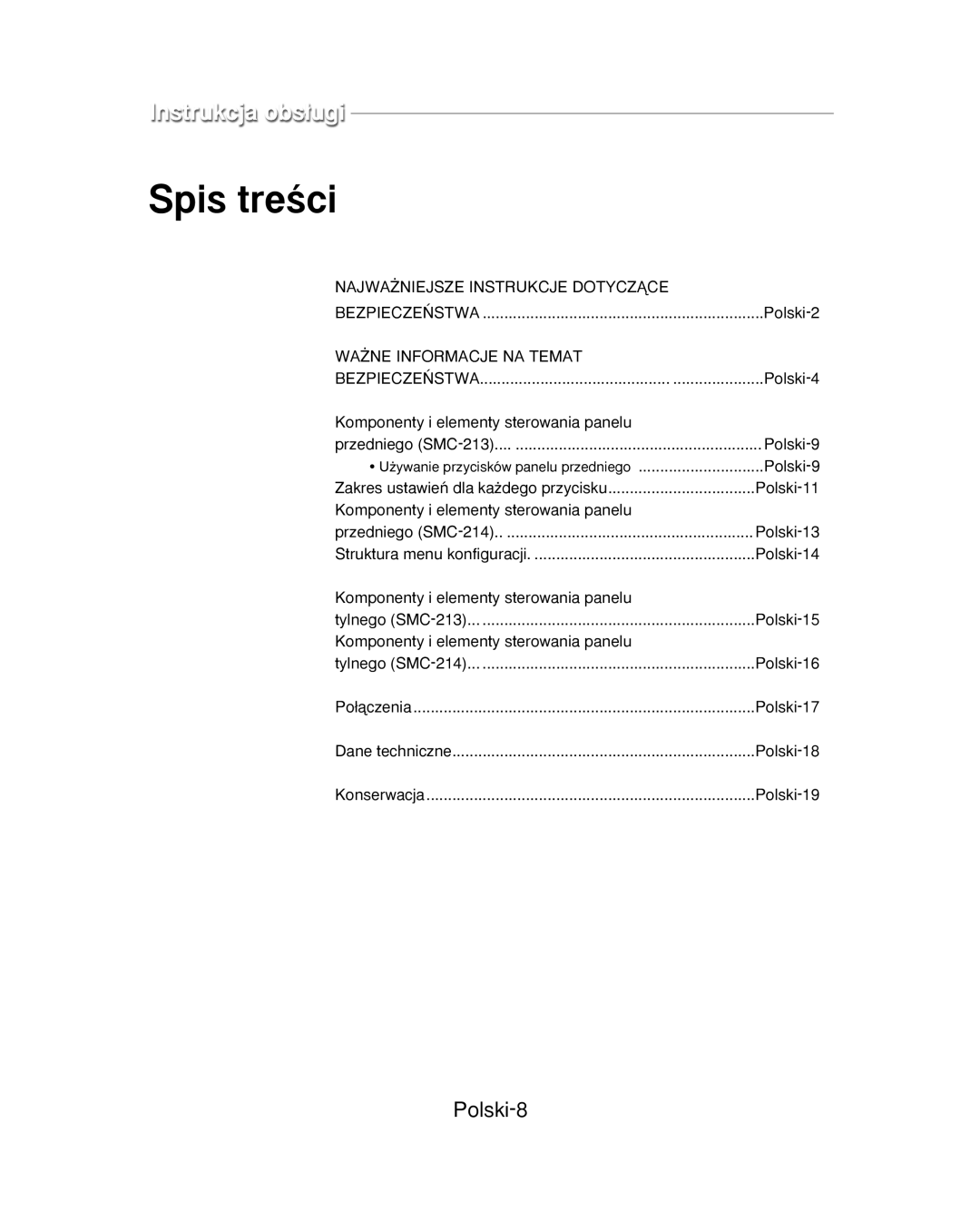 Samsung SMC-213P, SMC-214PV manual Spis treÊci, Polski-8 