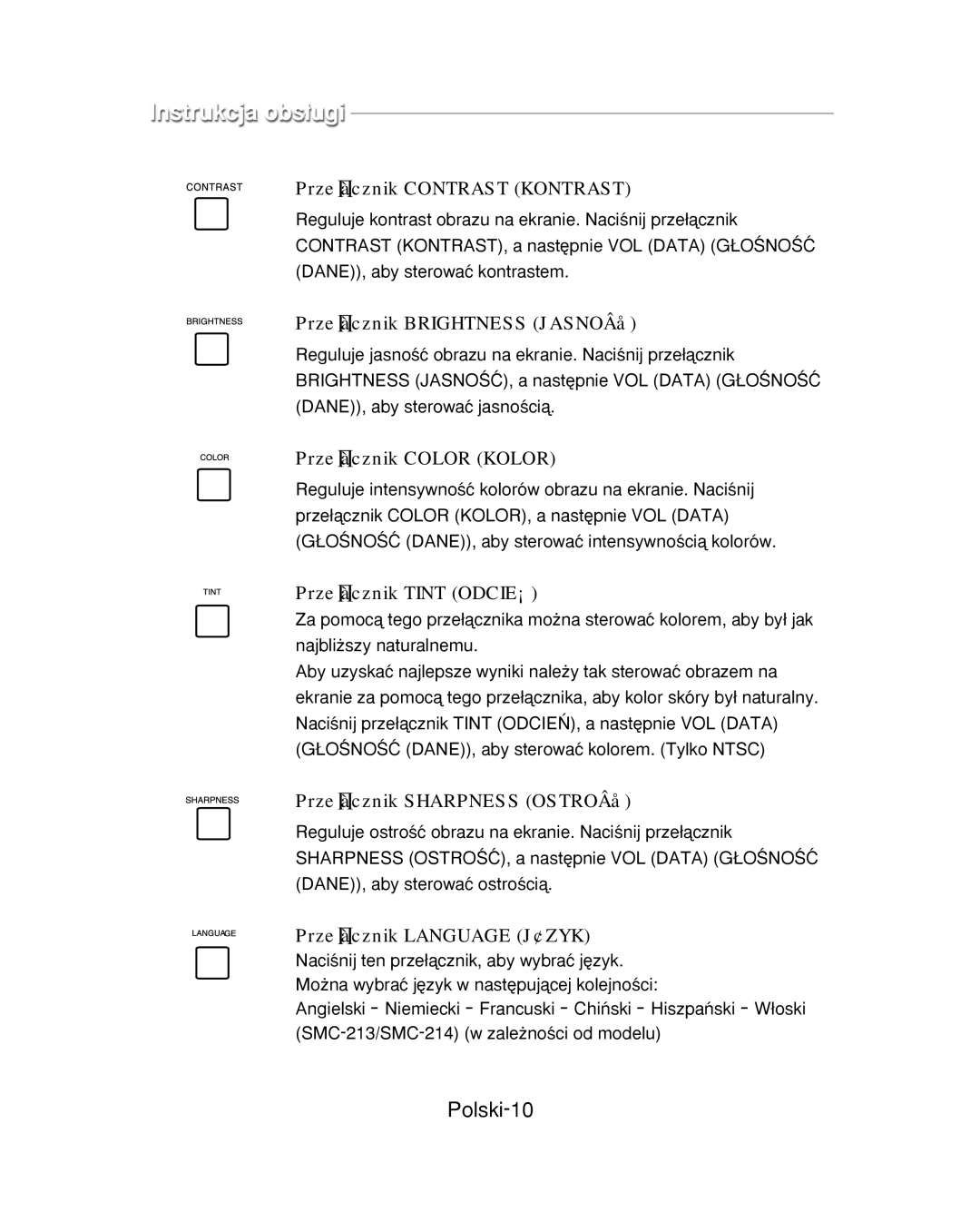 Samsung SMC-214PV, SMC-213P manual Polski-10, Prze∏àcznik Contrast Kontrast 