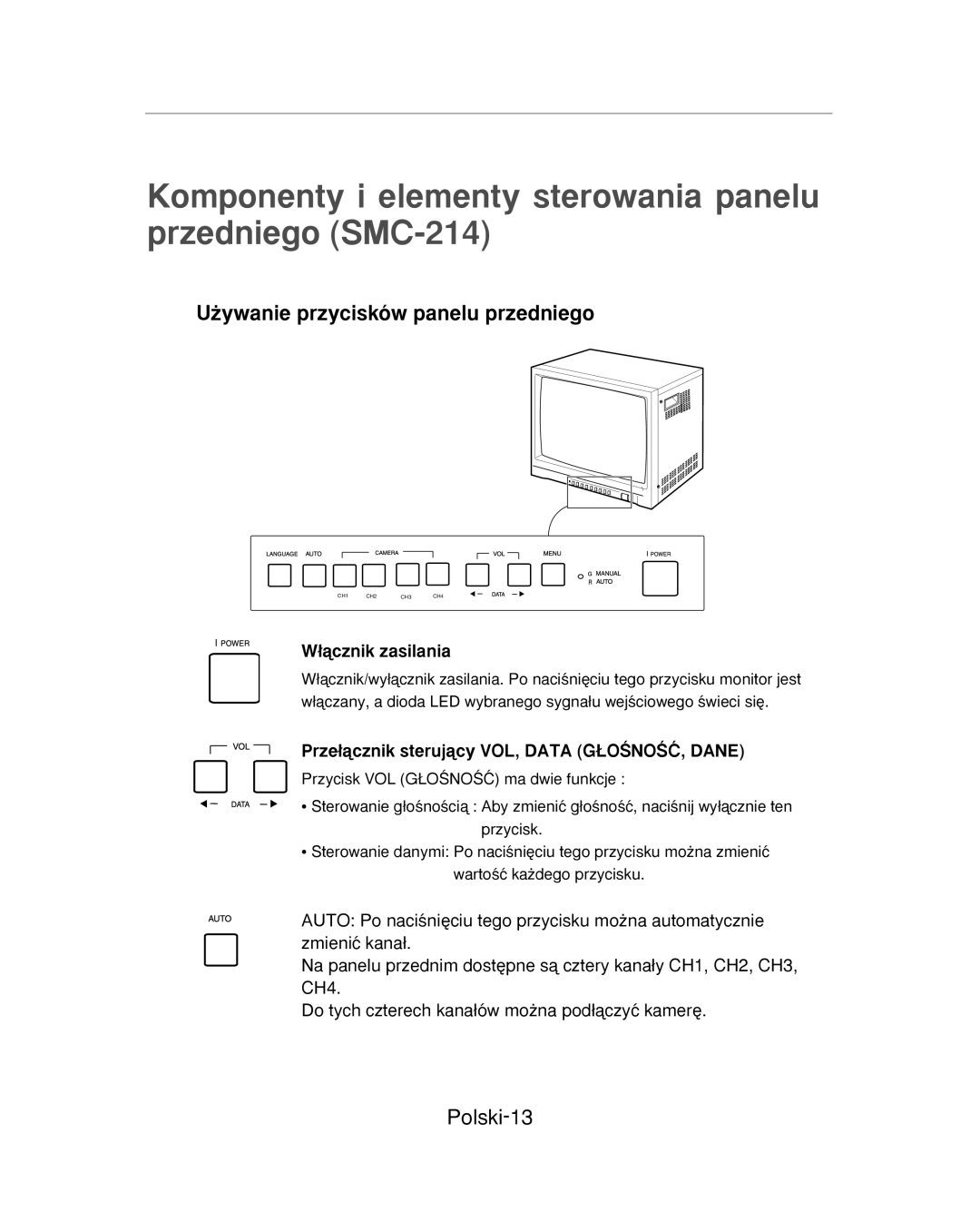 Samsung SMC-214PV, SMC-213P manual Komponenty i elementy sterowania panelu przedniego SMC-214, Polski-13 