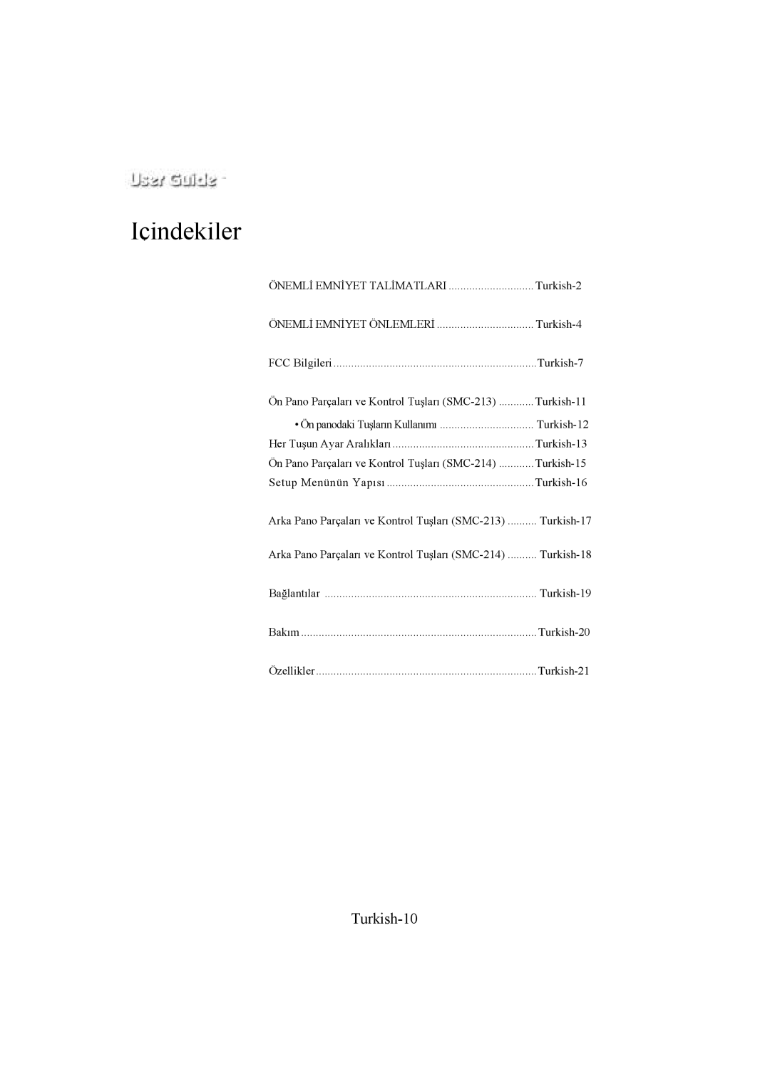 Samsung SMC-213P, SMC-214PV manual İçindekiler, Turkish-10 