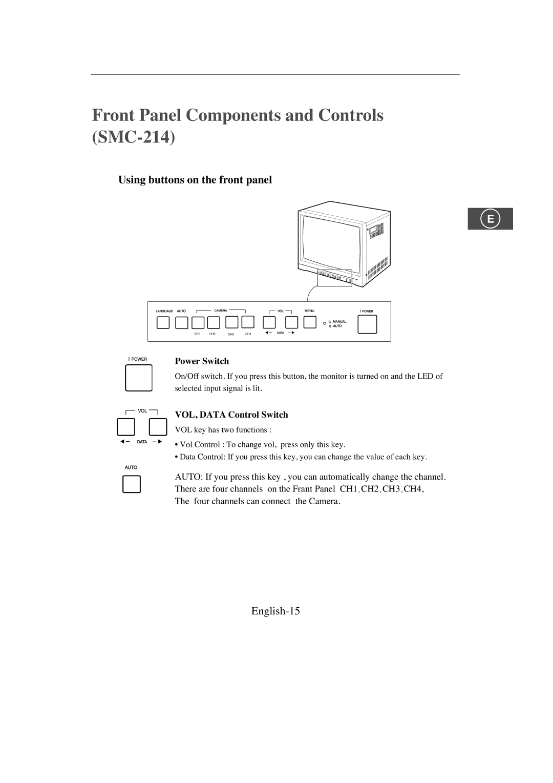 Samsung SMC-213P, SMC-214PV manual Front Panel Components and Controls SMC-214, English-15 