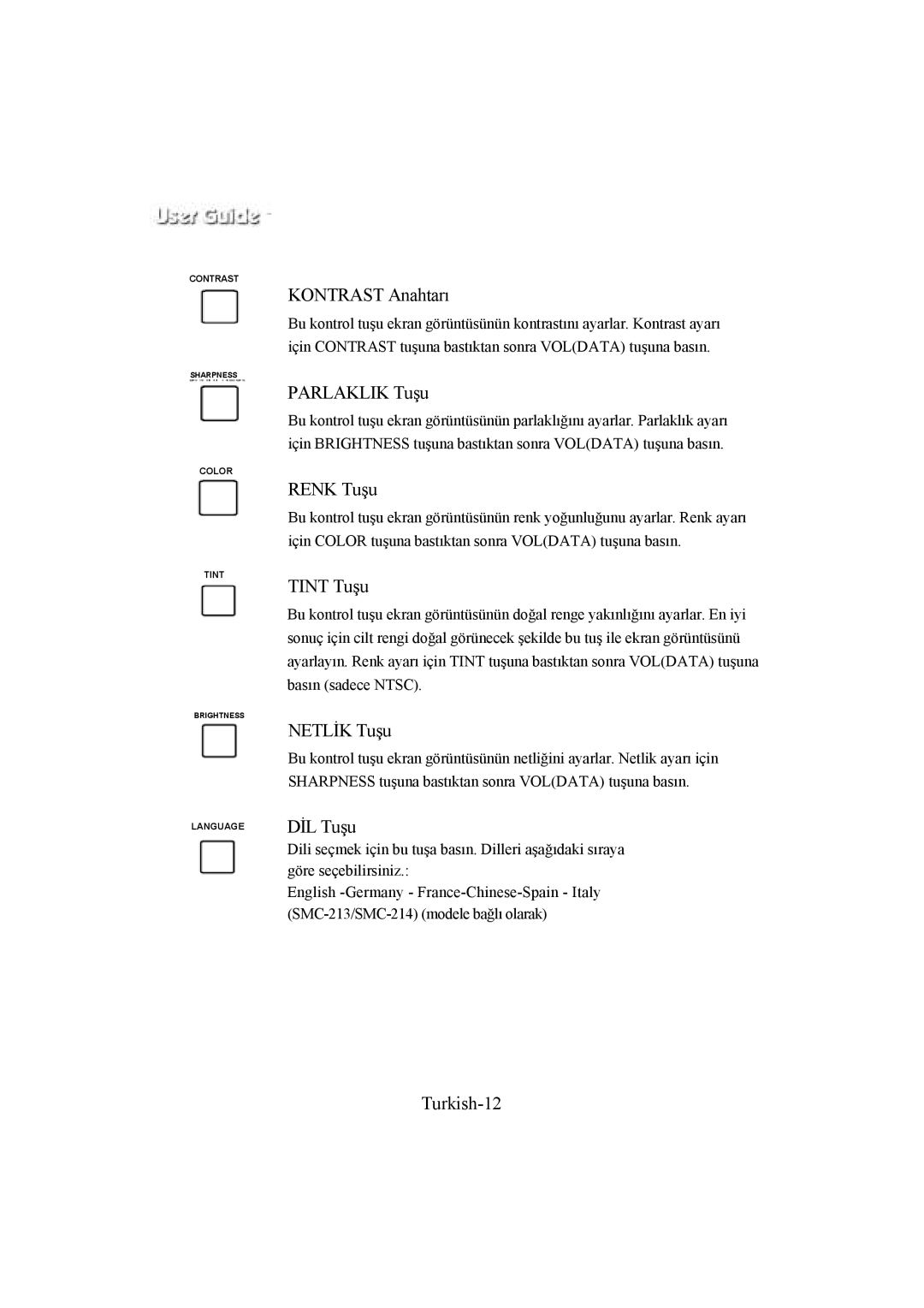 Samsung SMC-214P, SMC-213P manual Kontrast Anahtarı, Parlaklik Tuşu, Renk Tuşu, Tint Tuşu, Netlİk Tuşu, DİL Tuşu, Turkish-12 